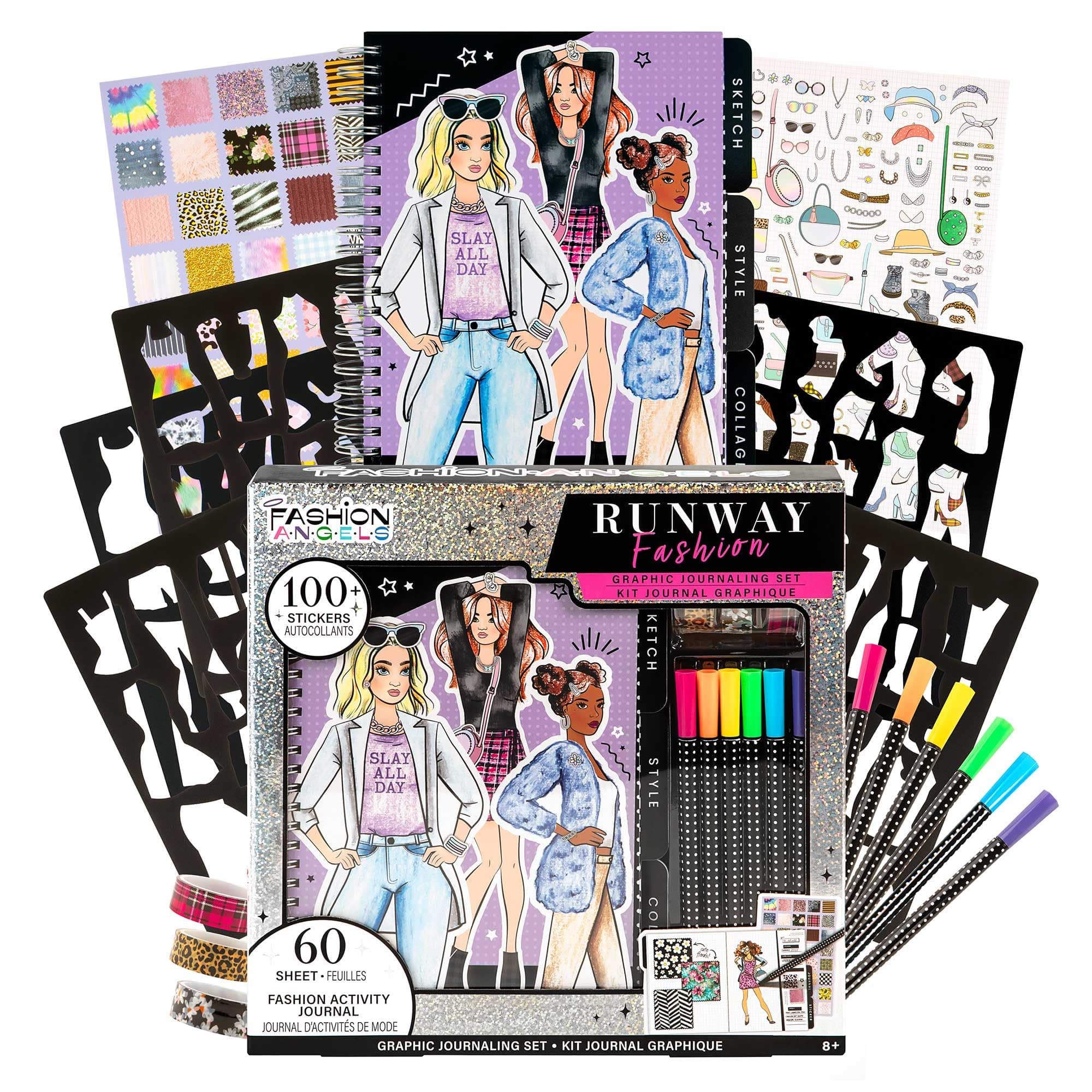 Runway Graphic Journaling Set, Basic Fashion Design Activity Journal for Beginners with Markers, Stencils, Stickers & Sketch Pad, Kids 8+