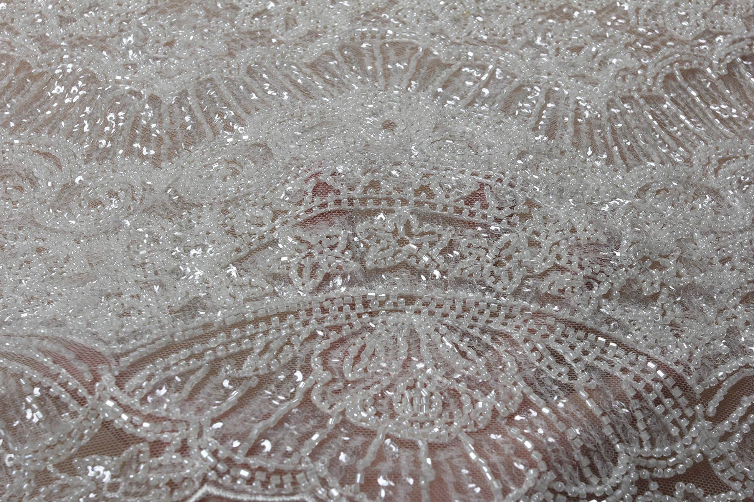 La Belleza 2019 New Heavy Beaded lace Fabric Off White Beautiful Wedding Gown Dress lace Fabric by Yard