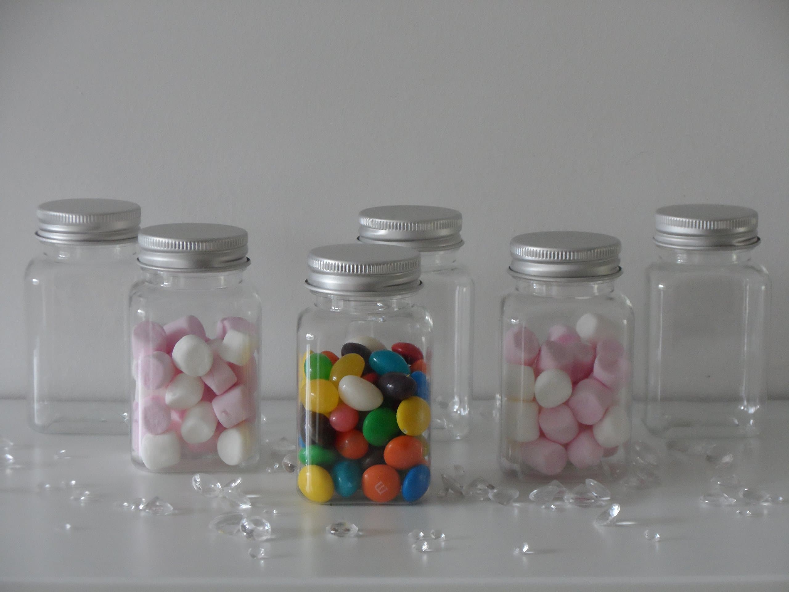 12 x Small Clear Plastic Jars Metal Lid Ideal for Party Sweets Wedding Favours