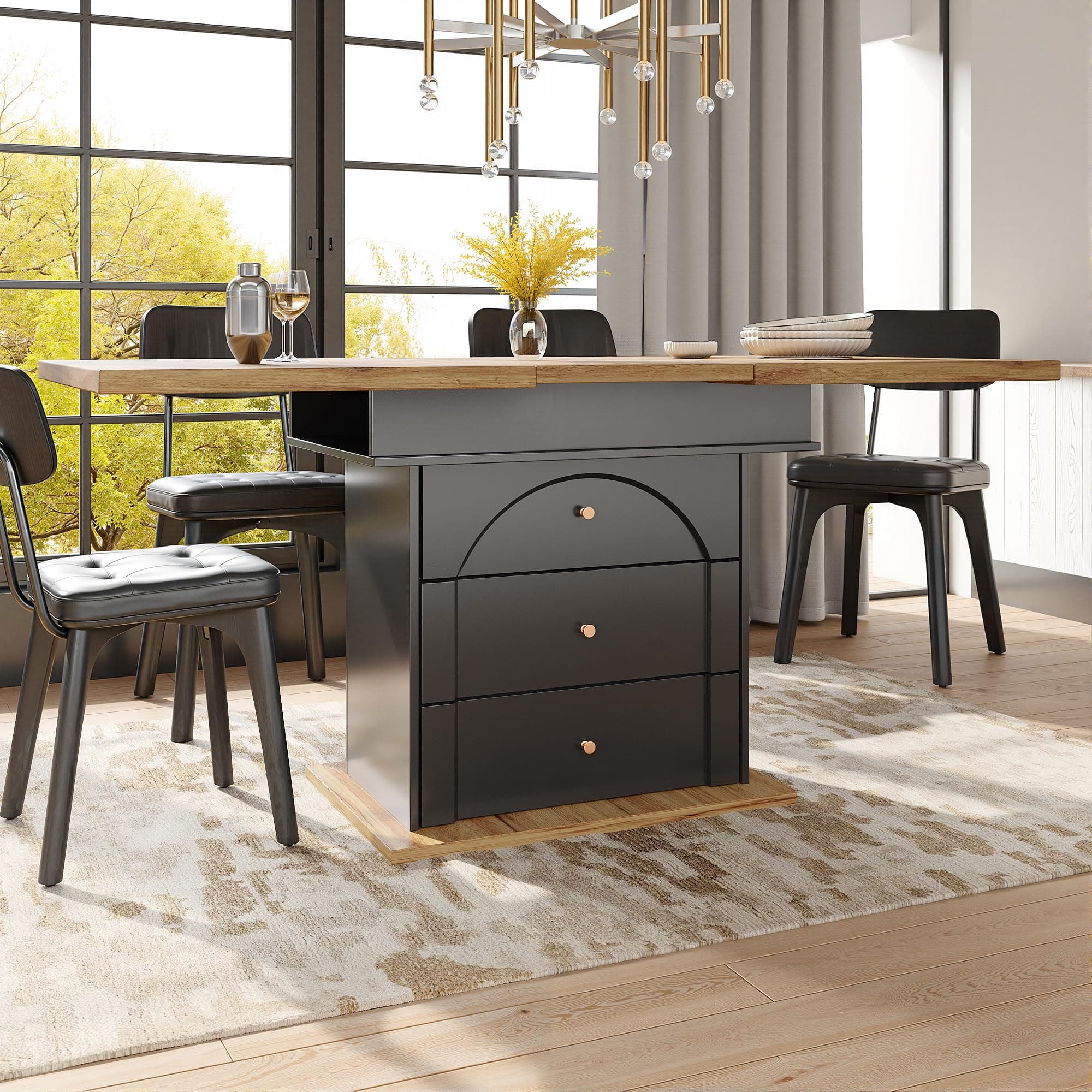 Merax Telescopic dining table 110-140×80 cm - foldable kitchen table for 4-6 people,Adjustable Shelves, MDF+PB Makeup,minimalist cabinet door design, black