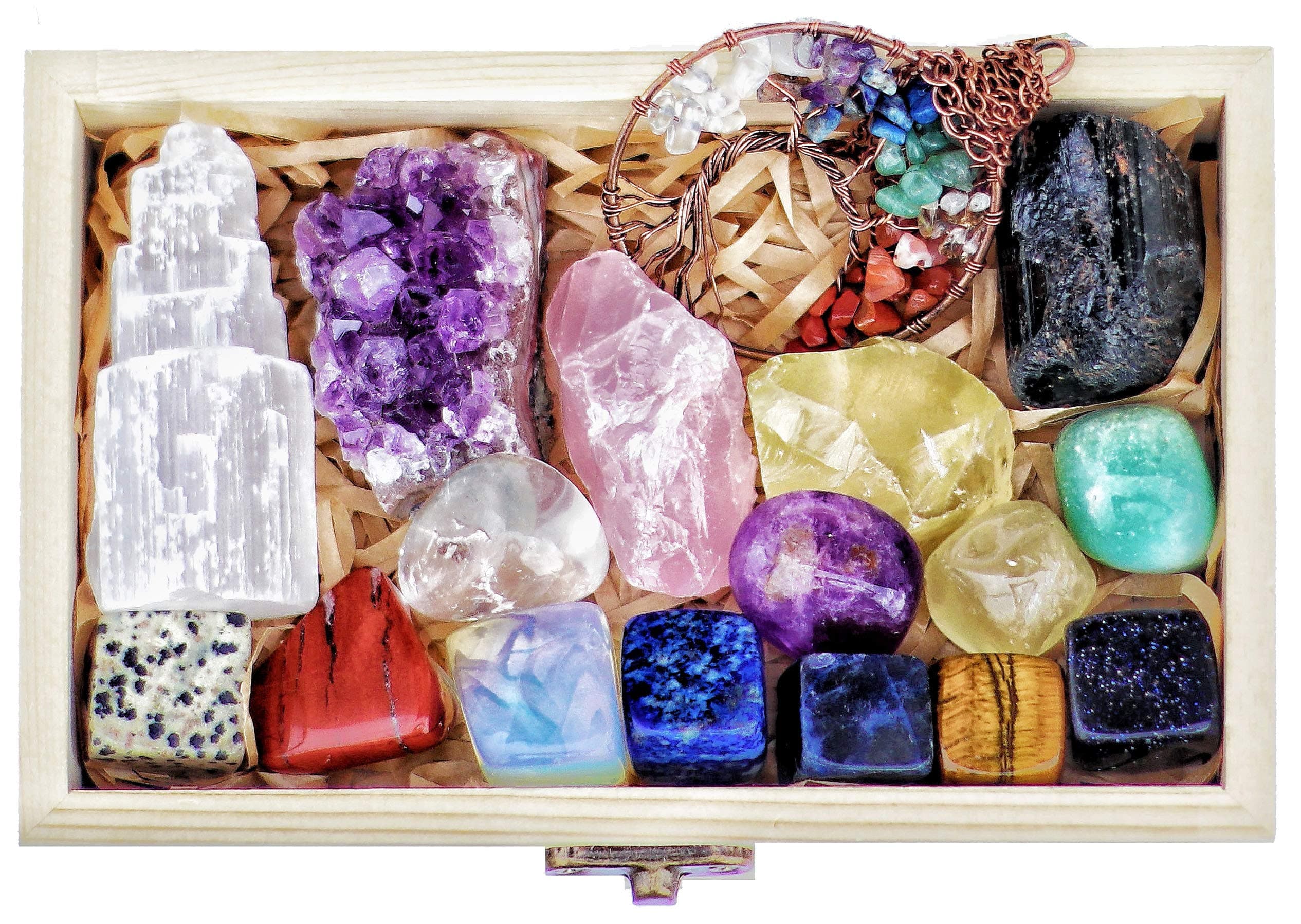 AtPerry's16 Natural Healing Crystals Set in Wooden Box - Tumbled Gemstones, Rough & Raw, Including Selenite Tower, Raw Black Tourmaline, Amethyst Geode, Rose Quartz, Lapiz Lazuli, Citrine & Tiger Eye