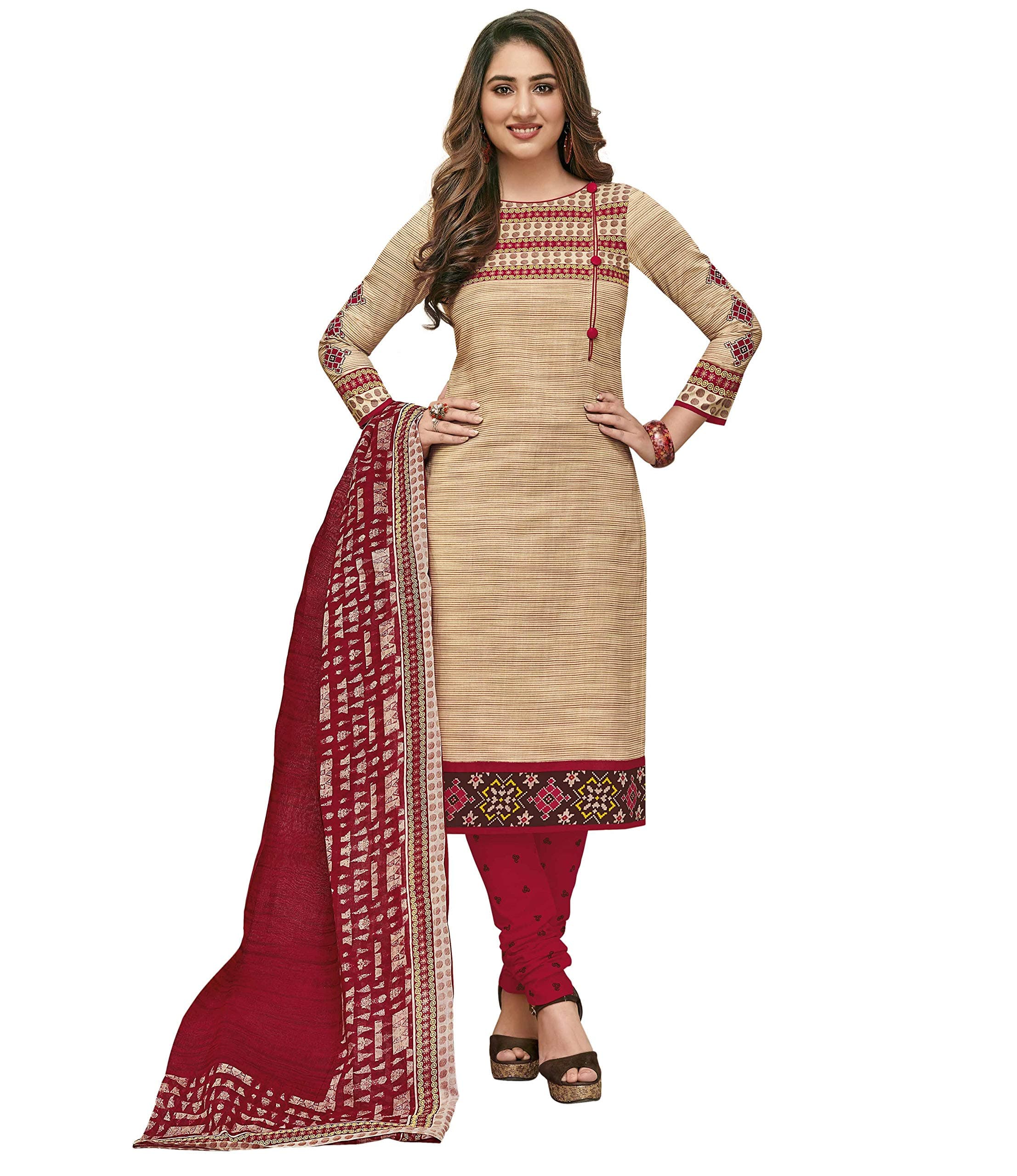 Miraan Cotton Printed Readymade Salwar Suit For Women(MIRAANSGPRI1724, Red)