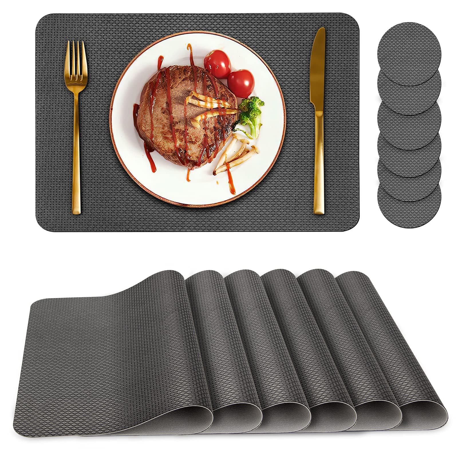 Bacgnyer Placemats Set of 6, Placemat with Coasters Heat Stain Scratch Resistant Non-Slip Waterproof Oil-Proof Washable Wipeable Outdoor Indoor for Dining Patio Table Kitchen Decor and Kids（Grey 6）