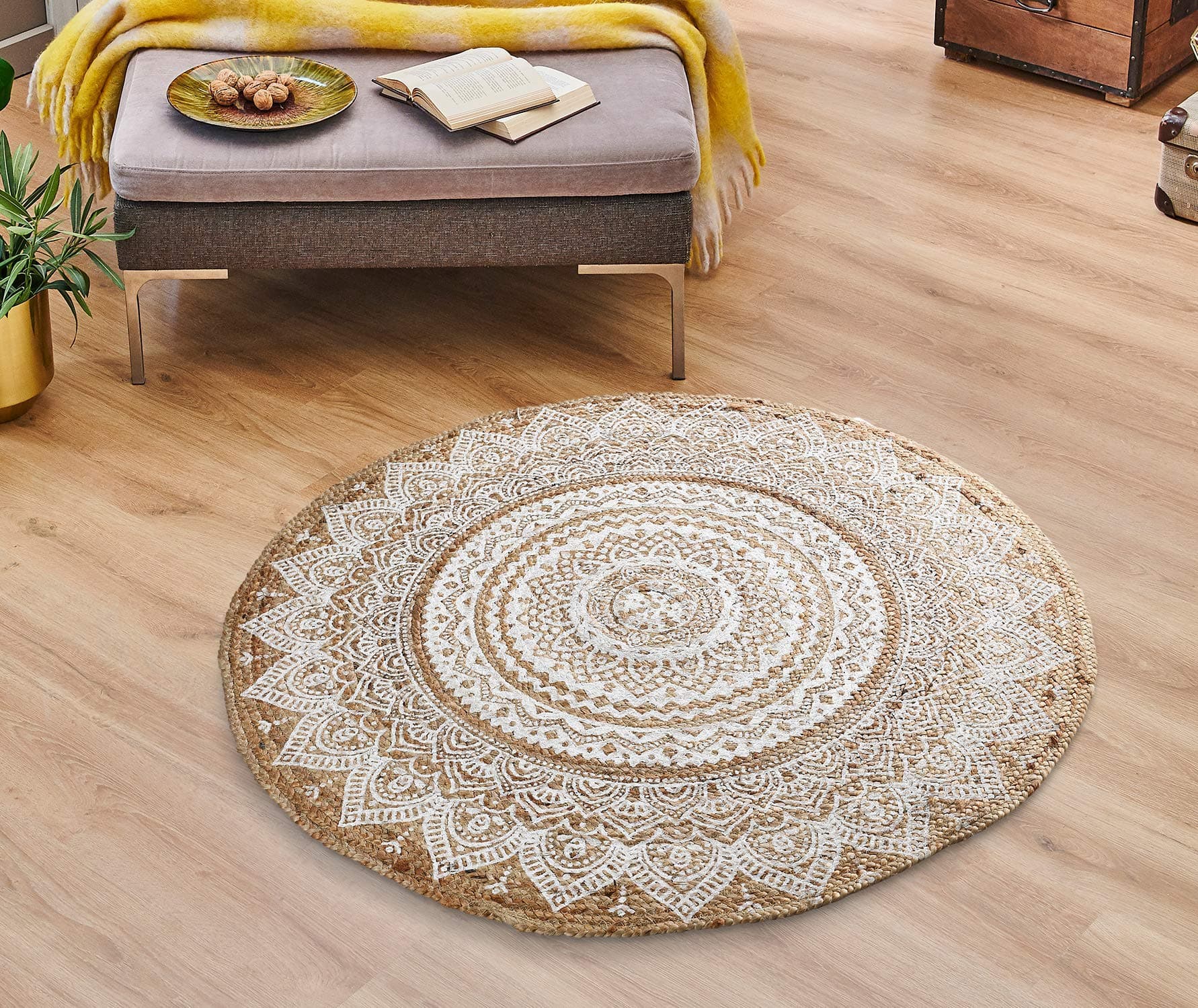 SASHAA WORLD Handwoven Jute Natural Reversible Rugs Round Braided Floor Carpet Mat for Living Room, Bedroom, Dining, Office, Restaurant (110 cms Round, Natural)