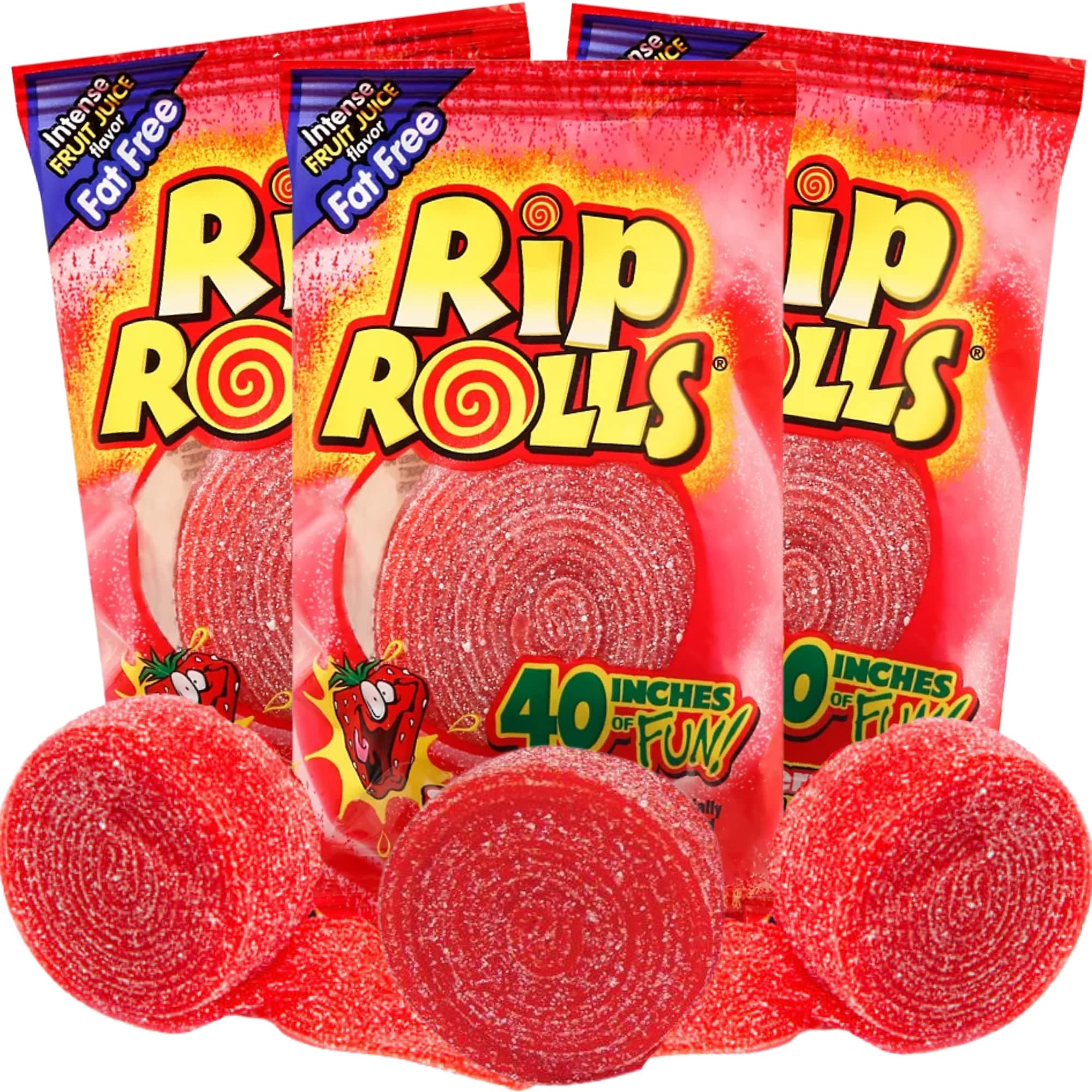 Rip Rolls Sugar Coated Strawberry Candies, Assorted Fruit Flavor Fat Free Red Licorice Candy Sour Belts, 4th of July Party Favors, Pack of 3, 40 Inches