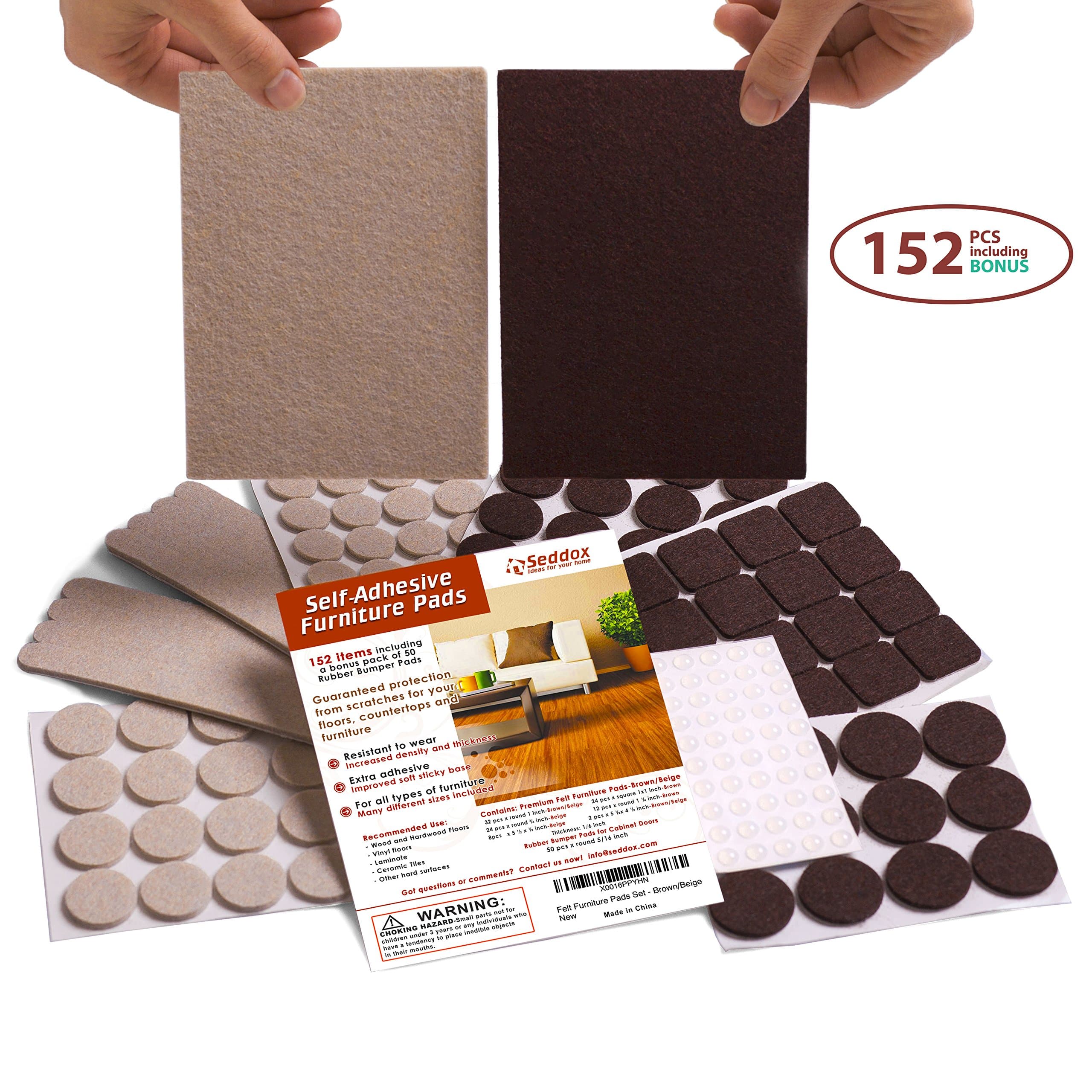 Premium Felt Furniture Pads Two Colors Set (Brown + Beige) - 152 Pieces Including Bonus Rubber Bumper Pads - Extra Adhesive Chair Leg Hardwood Floor Protectors for Wood and Laminate Flooring
