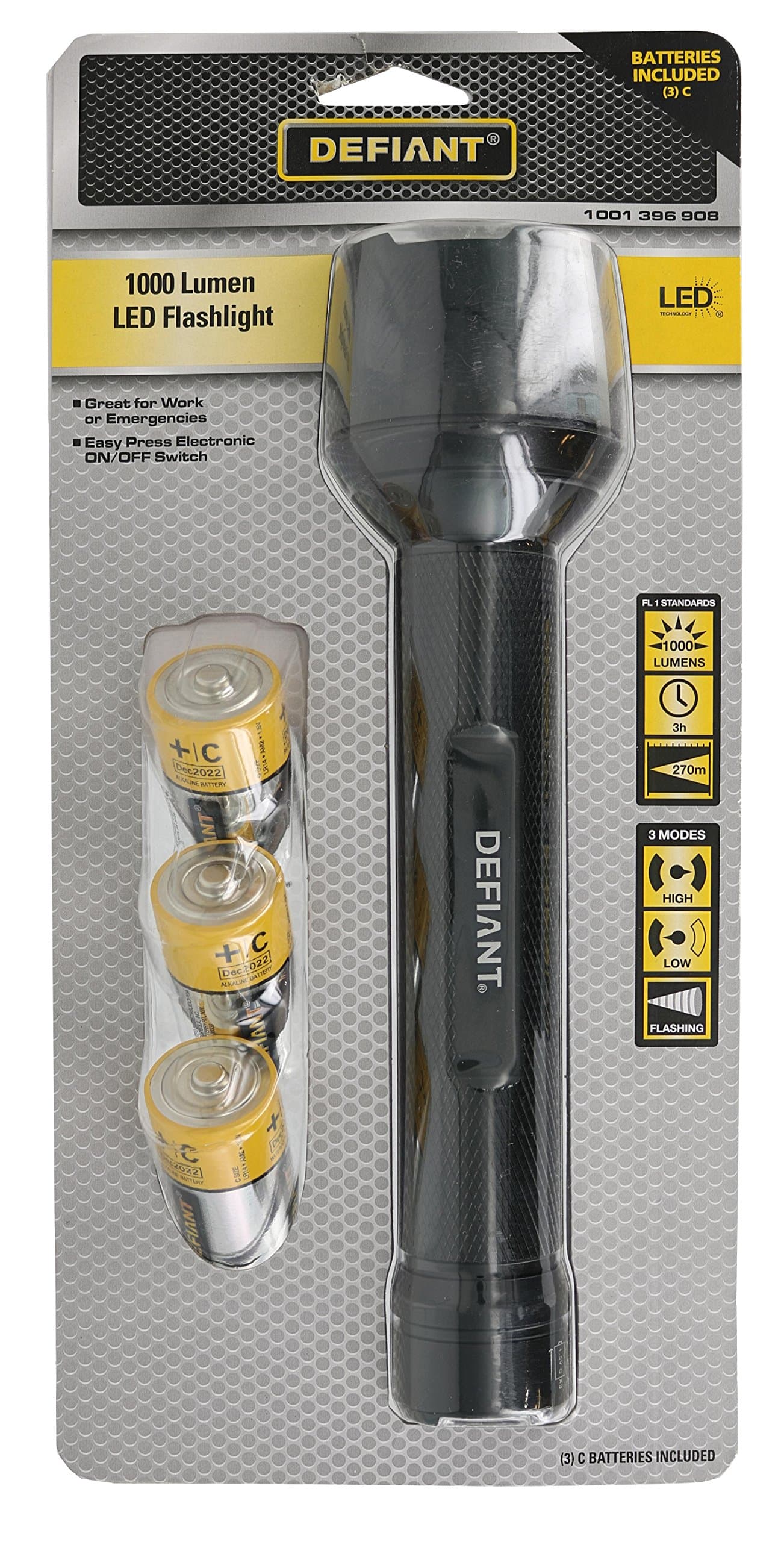 Defiant HD15BF01 Aluminum 850 Lumen 3-Mode LED Flashlight and Rubber Hex-Textured Grip (3 C-Cell Batteries Included)