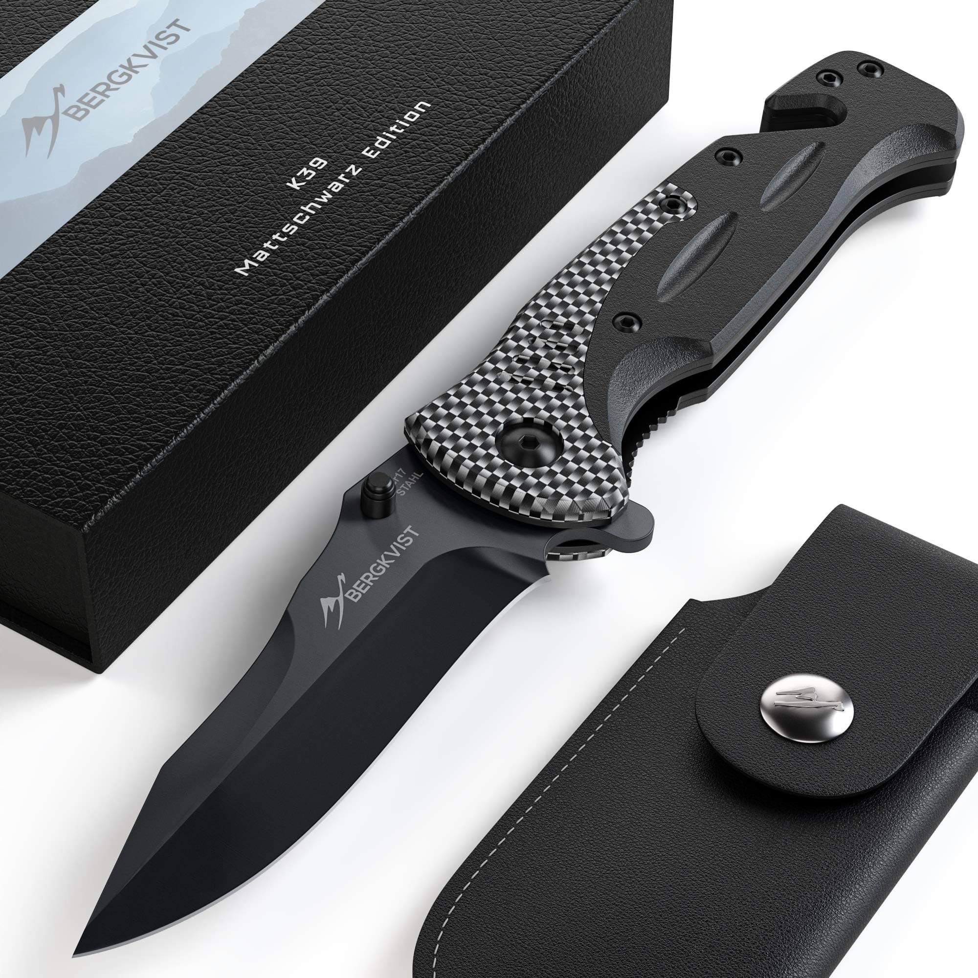 BERGKVIST® jackknife K39 frosted black outdoor knife I pocket knife outdoor folding knife in matt black I sharp hunting knife with stainless steel blade I survival knife with knife sharpener