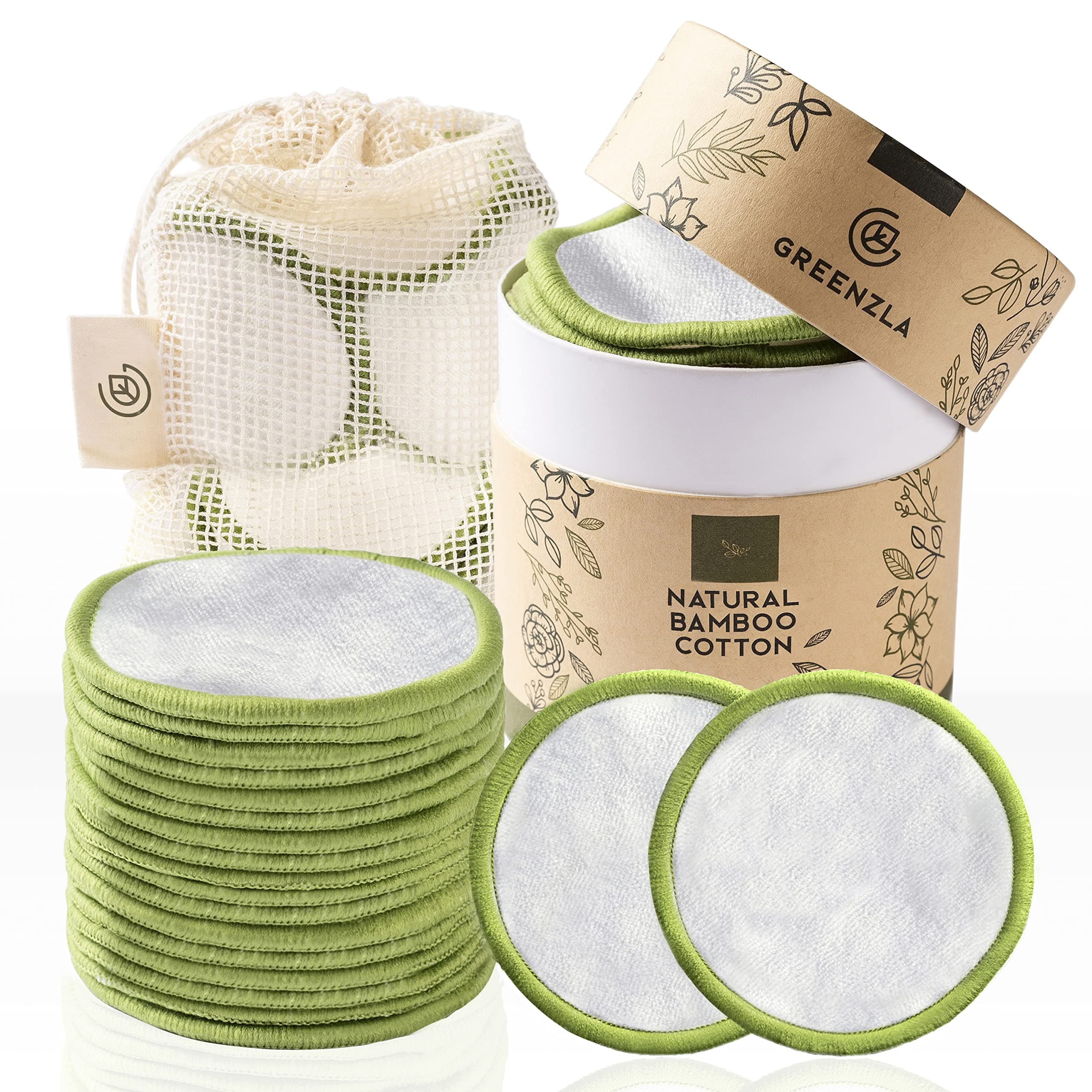 Greenzla Reusable Makeup Remover Pads (18 Pack) With Washable Laundry Bag And Round Box for Storage | Zero Waste Reusable Cotton Rounds | 100% Organic Cotton Rounds For All Skin Types
