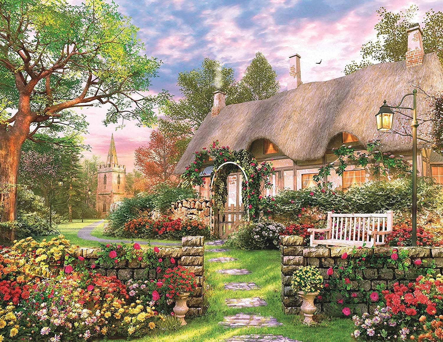 1000 Piece Countryside Cottage Jigsaw Puzzle, Spring Flower Blooming Cottage in Lush Garden Scene Challenging Puzzle Game Home Decor Birthday Party Gift Toy for Adult Teens