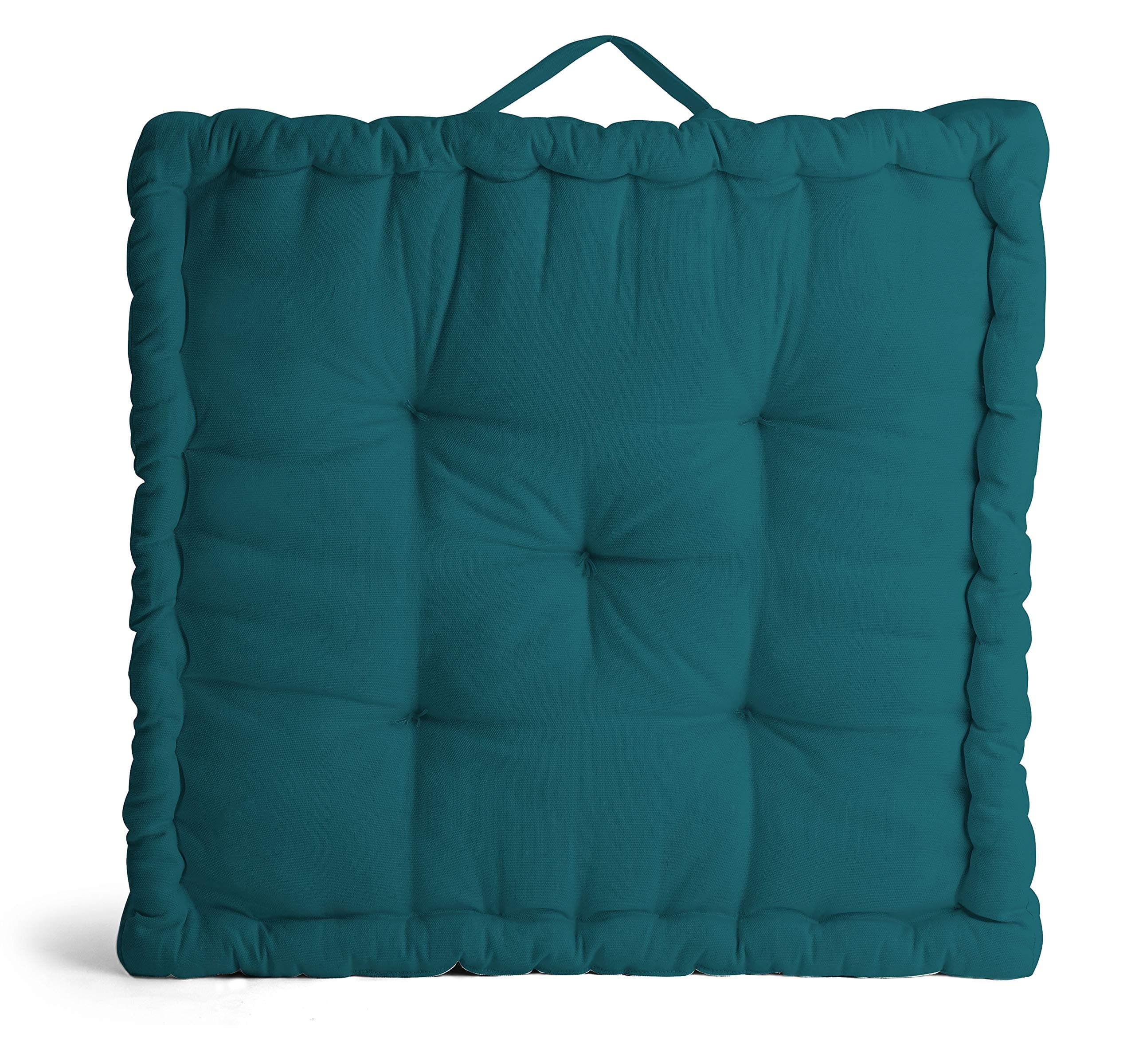 Encasa XO Square Floor Cushions 60x60x10 cm - Azul Blue - Solid Dyed Canvas with Micro-Fiber Filling Large Size for Seating Meditation Yoga Pooja Guests Living Room Bedroom