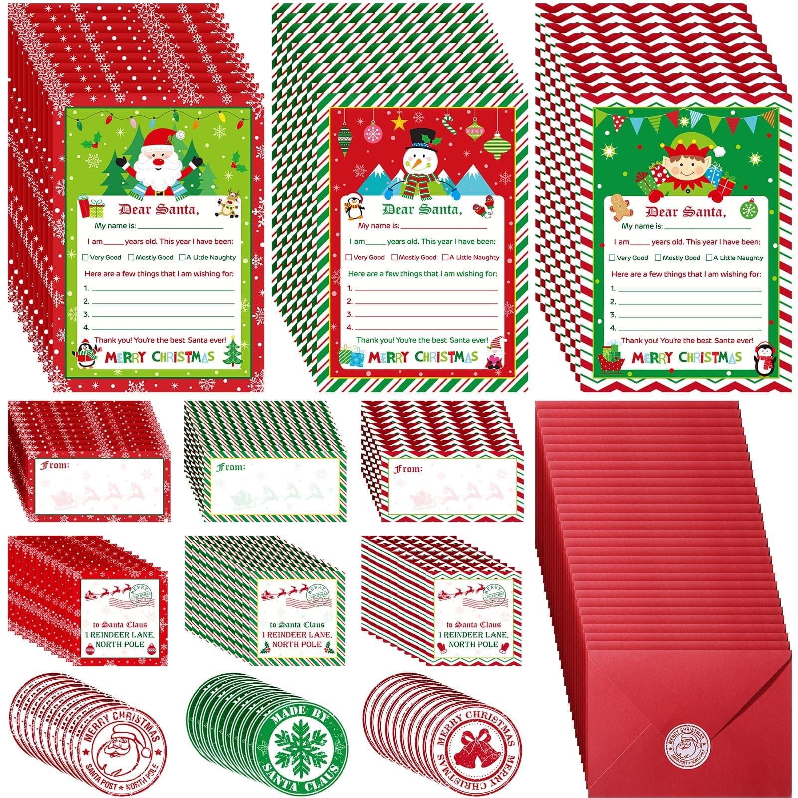 Harloon 300 Pcs Letter to Santa Writing Kit Christmas Wish List Snowman Elf Xmas Letter Paper Stationery with Sticker Nice Naughty Snowflake Envelopes Christmas List for Holiday Greeting Supplies