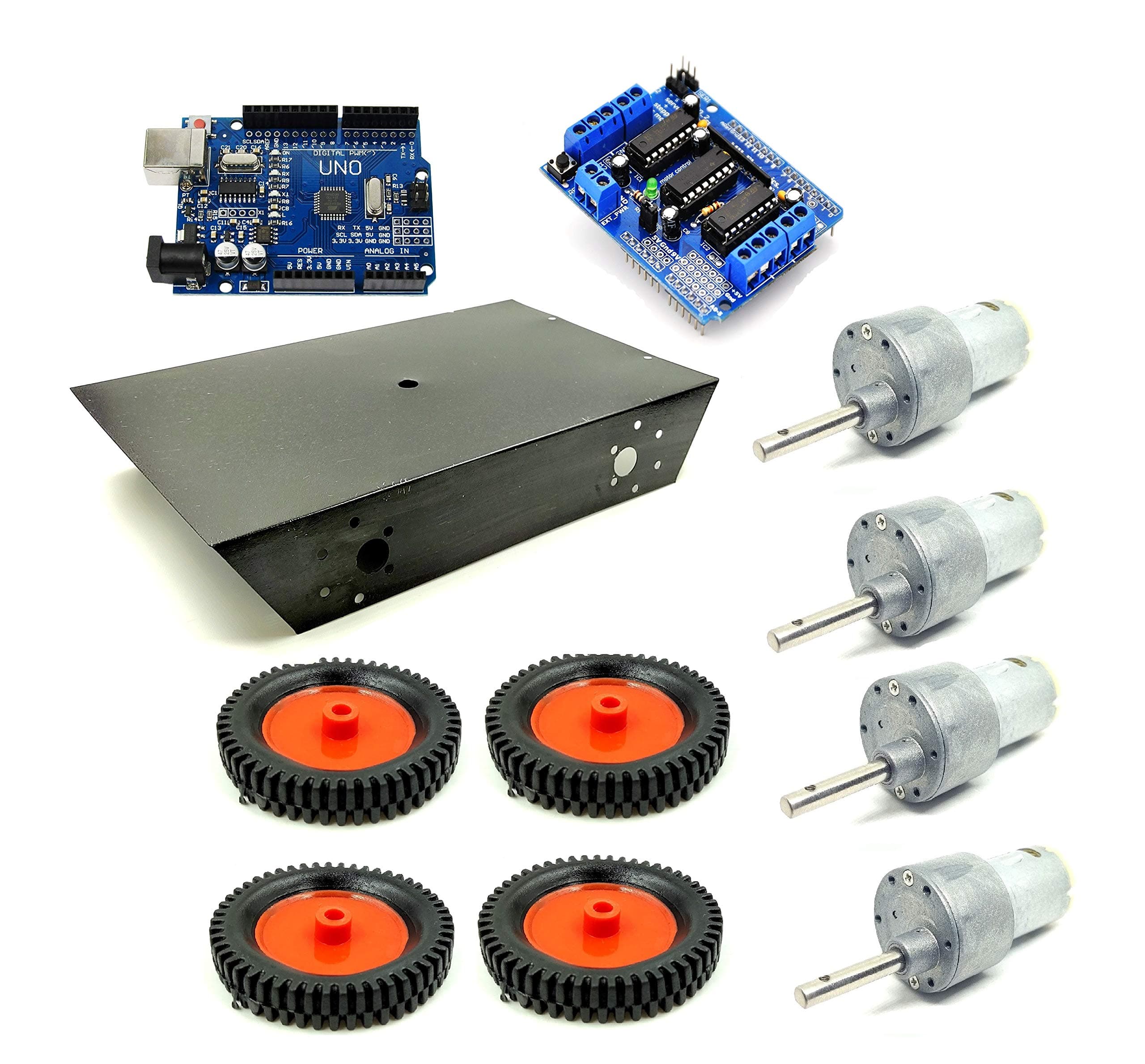 INVENTO 4 Wheel Car Kit Metal Chassis 260x130x45mm + 60 RPM 10 Kg-cm High Torque DC Motor + 75x13 mm Wheel + UNO R3 + L293D Shield Robot Smart Car DIY