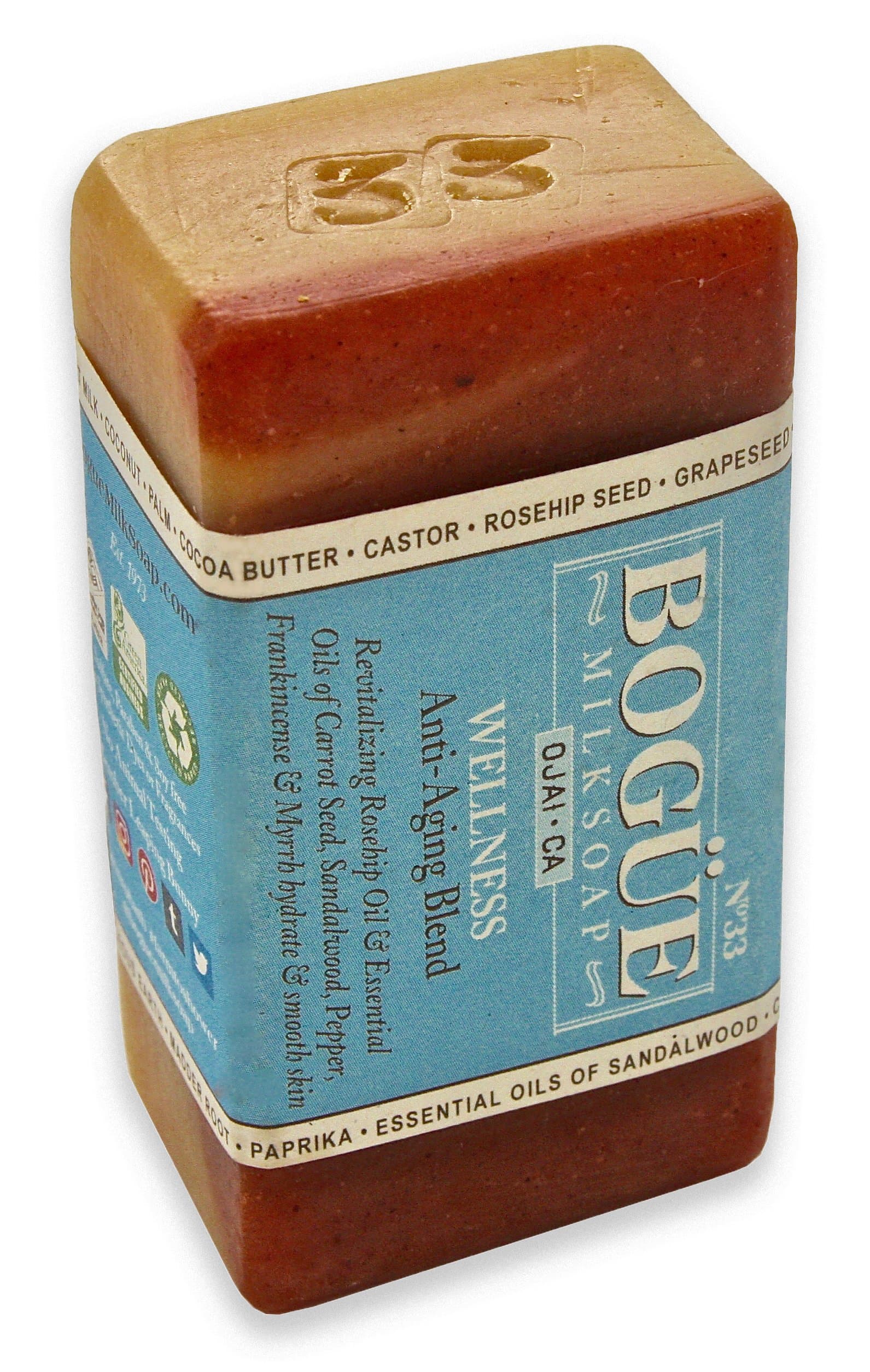 Handmade Goat Milk Soap 2 Bars- BOGUE No.33 WELLNESS Anti-Aging Blend Revitalizing Rosehip Oil & Essential Oils of Carrot Seed, Sandalwood, Pepper, Frankincense & Myrrh hydrate & smooth skin