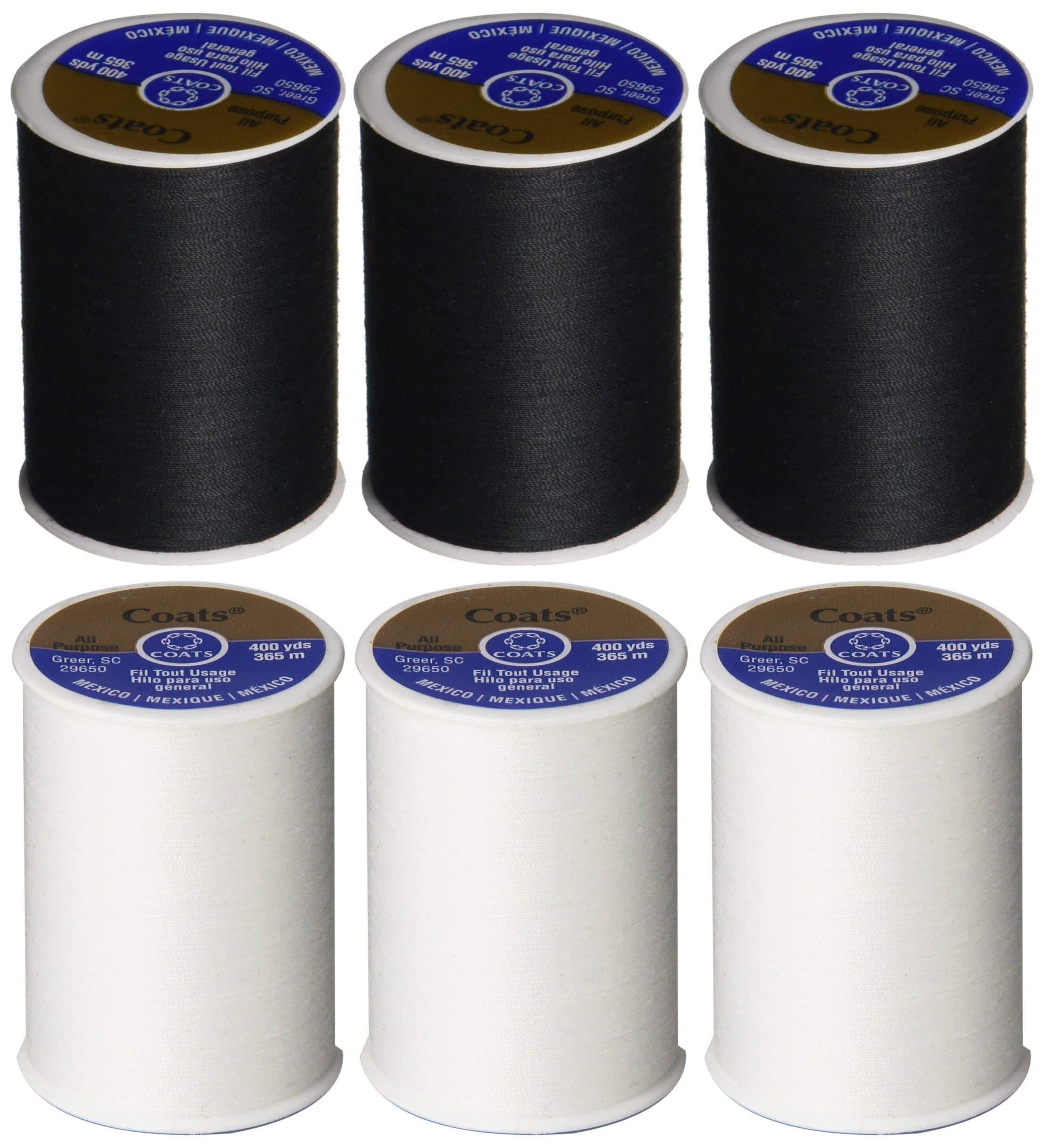Coats & Clark 6 Pack Bundle - (3 Black + 3 White) - Dual Duty All-Purpose Thread - Three 400 Yard Spools each of BLACK White
