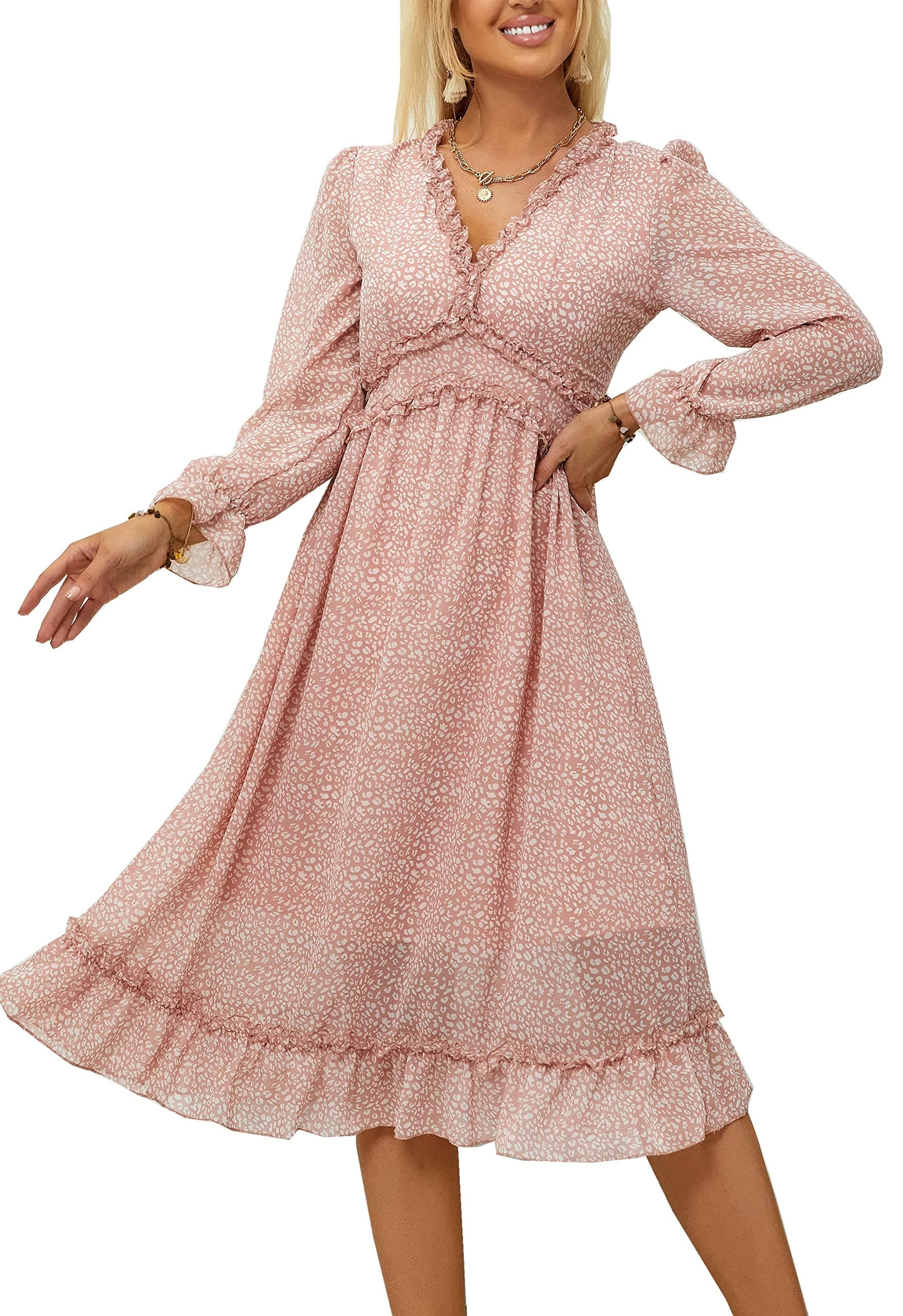 ZIYYOOHY Women Summer Midi Dress Floral V Neck Long Sleeve Chiffon Dress Ruffle High Waisted Casual Party Beach Sexy Flowy Swing Dresses (3016-Pink,S)