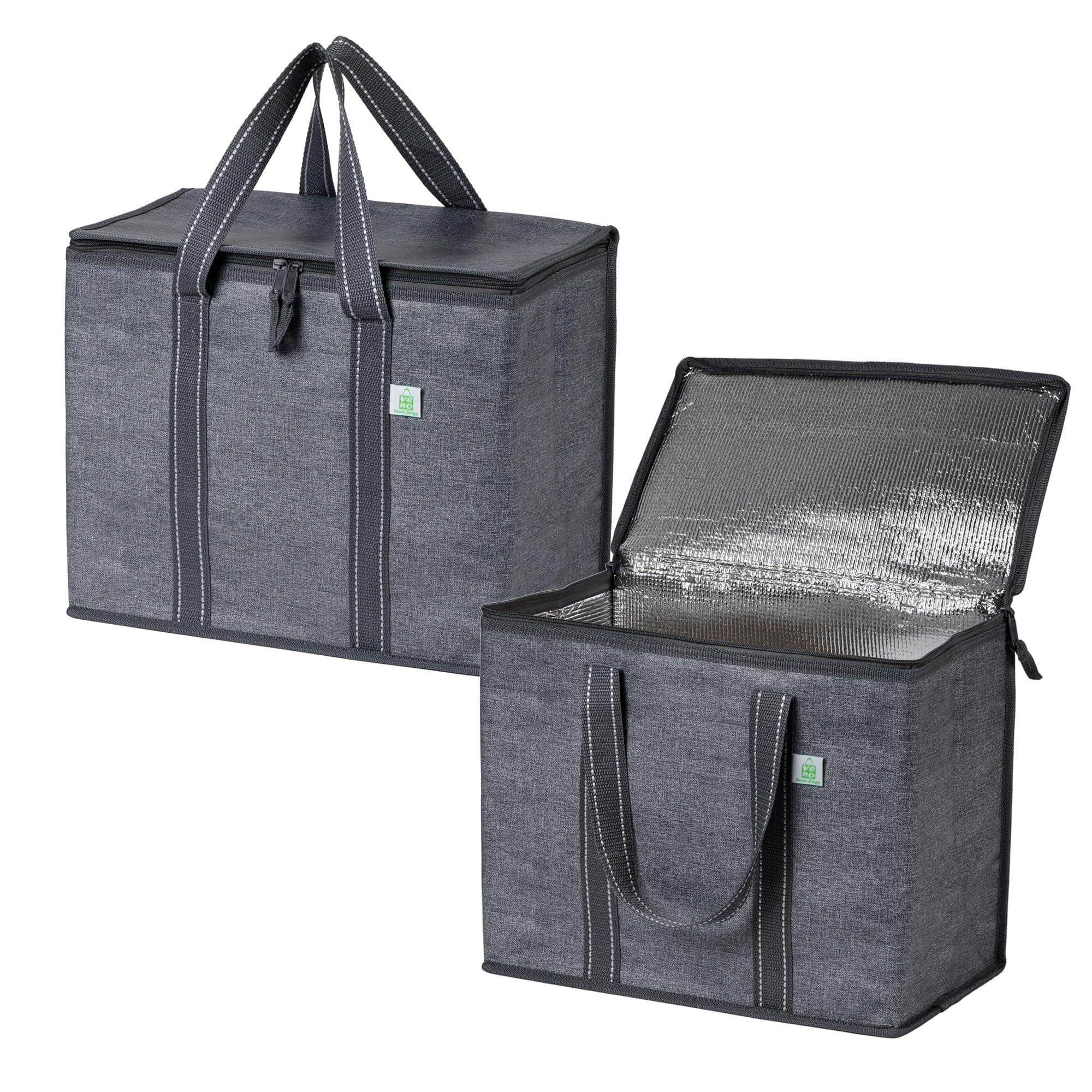 VENO 2 Pack Cooler Bag and Insulated Grocery Bags for Food Delivery, Collapsible Cooler. Reusable Shopping Bags for Groceries with Hard Bottom, Zippered Top, Foldable, Heavy-Duty (Gray, 2 Pack)