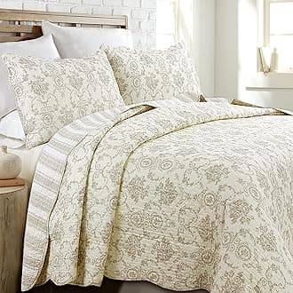 Cozy Line Home FashionsFrench Medallion 100% Cotton Bedding Quilt Set, Beige Ivory Rose Flower Reversible Coverlet Bedspread (Cream Eggnog, Queen -3 Piece)