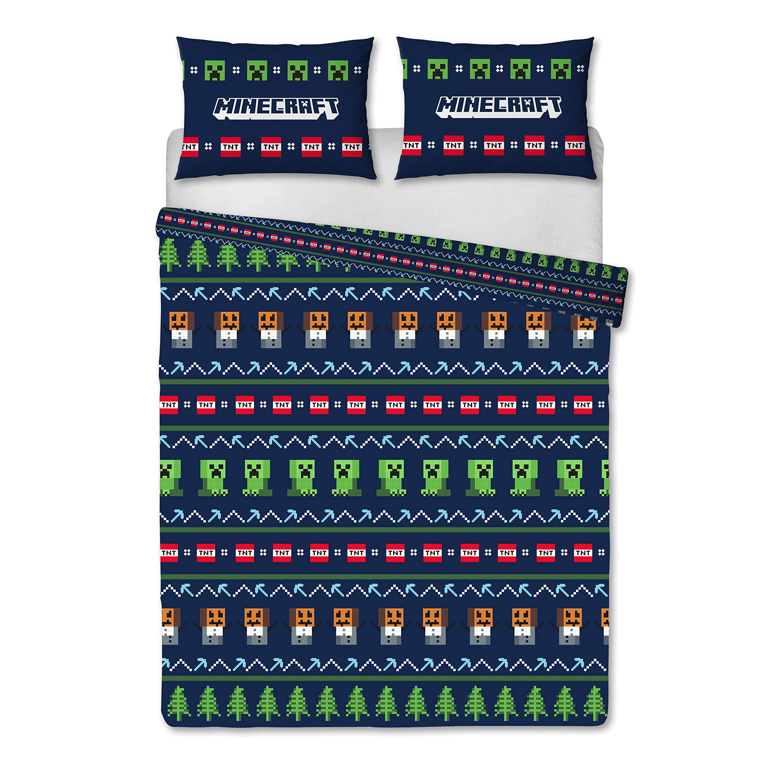 Minecraft Alpine Christmas Bedding Double Duvet Cover Officially Licensed Reversible Two Sided Creeper with Matching Pillowcase, Polyester, Green