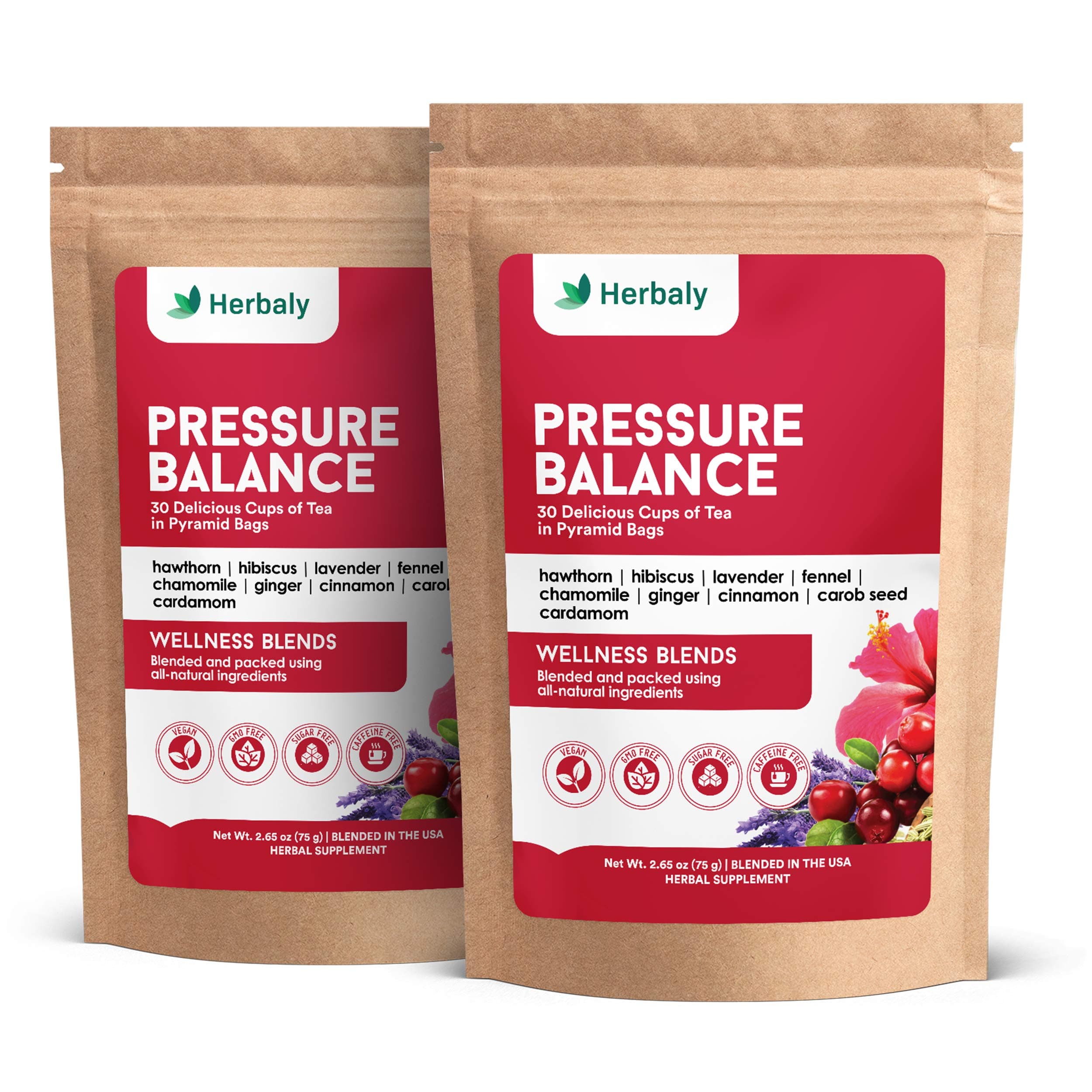 Herbaly Pressure Balance Tea - 9 Superherbs - Pressure, Cholesterol, Cardiovascular Health, Circulatory System - Natural, Organic, Non-GMO, Caffeine-Free, Sugar Free - 2 Pack, 60 Pyramid Tea Bags