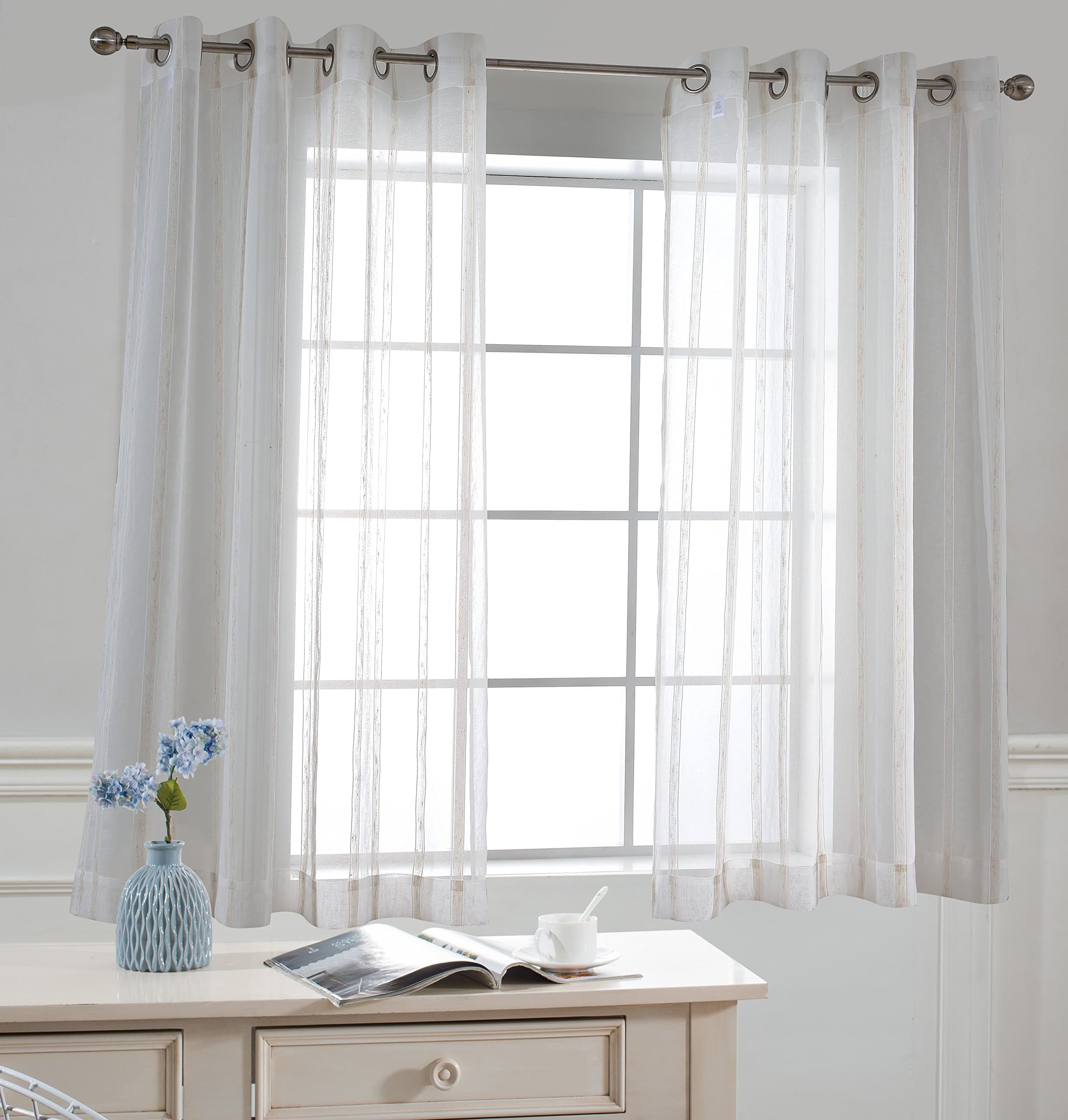 HOUSEPLANT Ivory Stripe Sheer Linen Window Curtain Grommet Top (1 Panel 52WX63L, White)