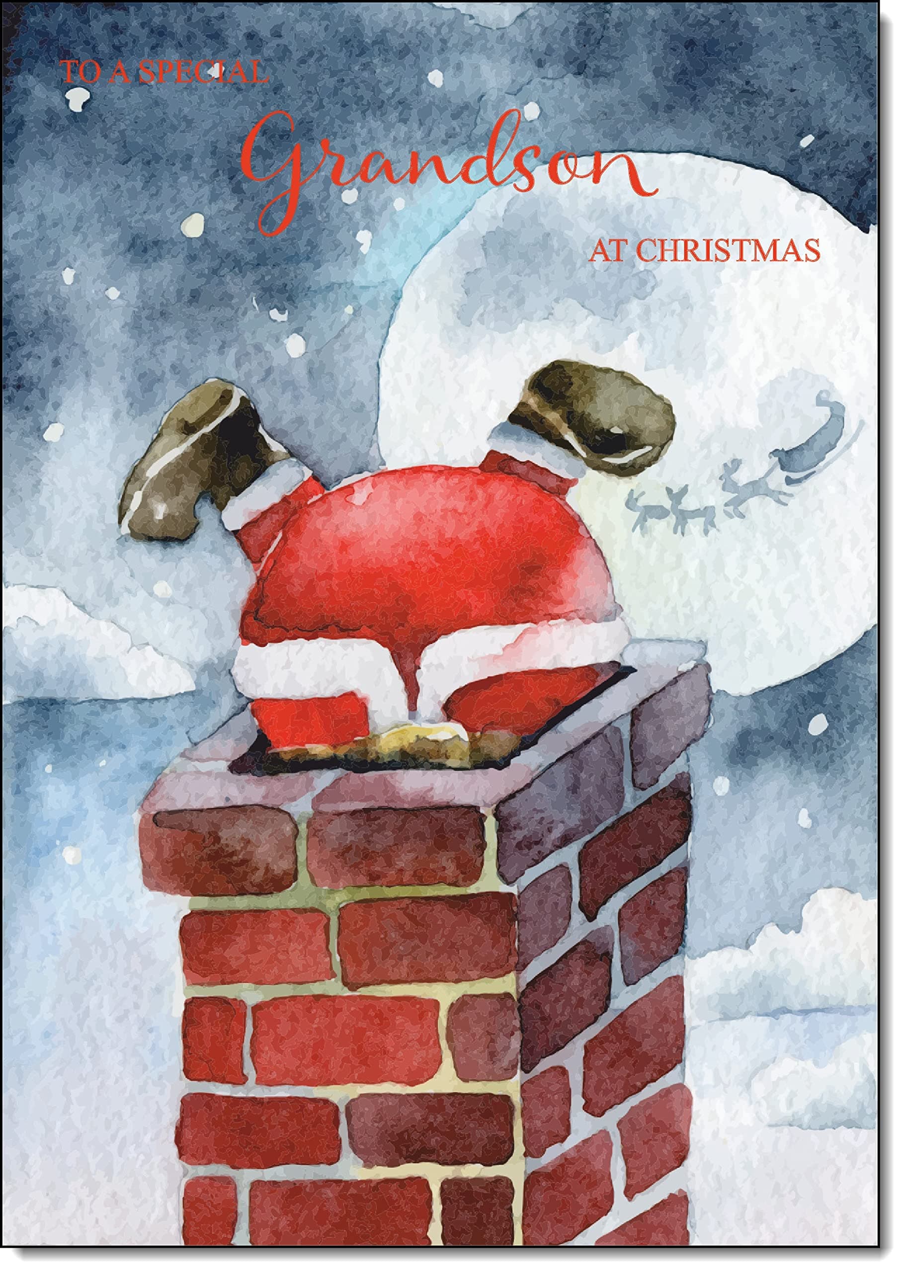 doodlecardsGrandson Christmas Card Santa Chimney Medium Size with Plain Red Envelope, 21 x 15cm