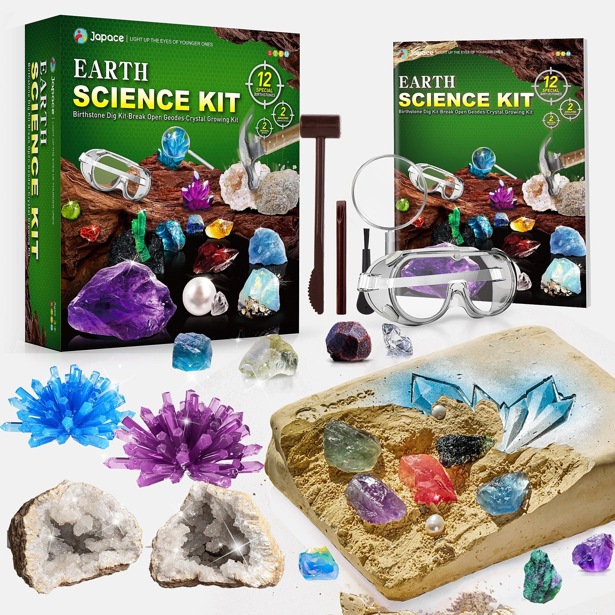 - Japace Earth Science Kits for Kids Age 4-6-8-12-14, Birthstone Gemstone Dig Kit, Geology Kit with Break Your Own Geodes, Crystal Growing Experiment, Rock Mining Kit Birthday Gifts Toys for Boys Girls