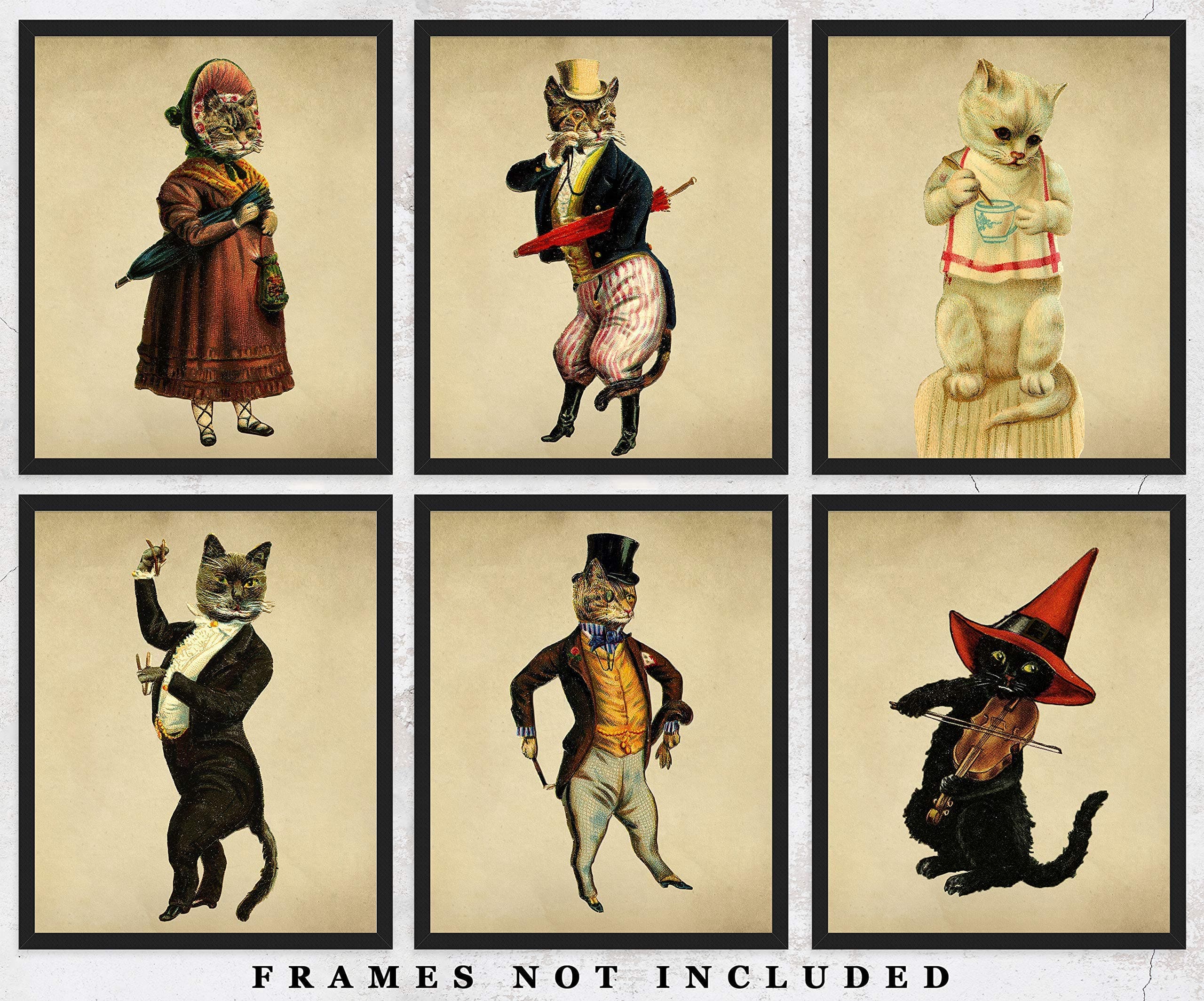 Vintage Victorian Cats Wall Art Prints - Set of Six (8x10) Photos Unframed Make Great Room Wall Decor Gift Idea Under $20