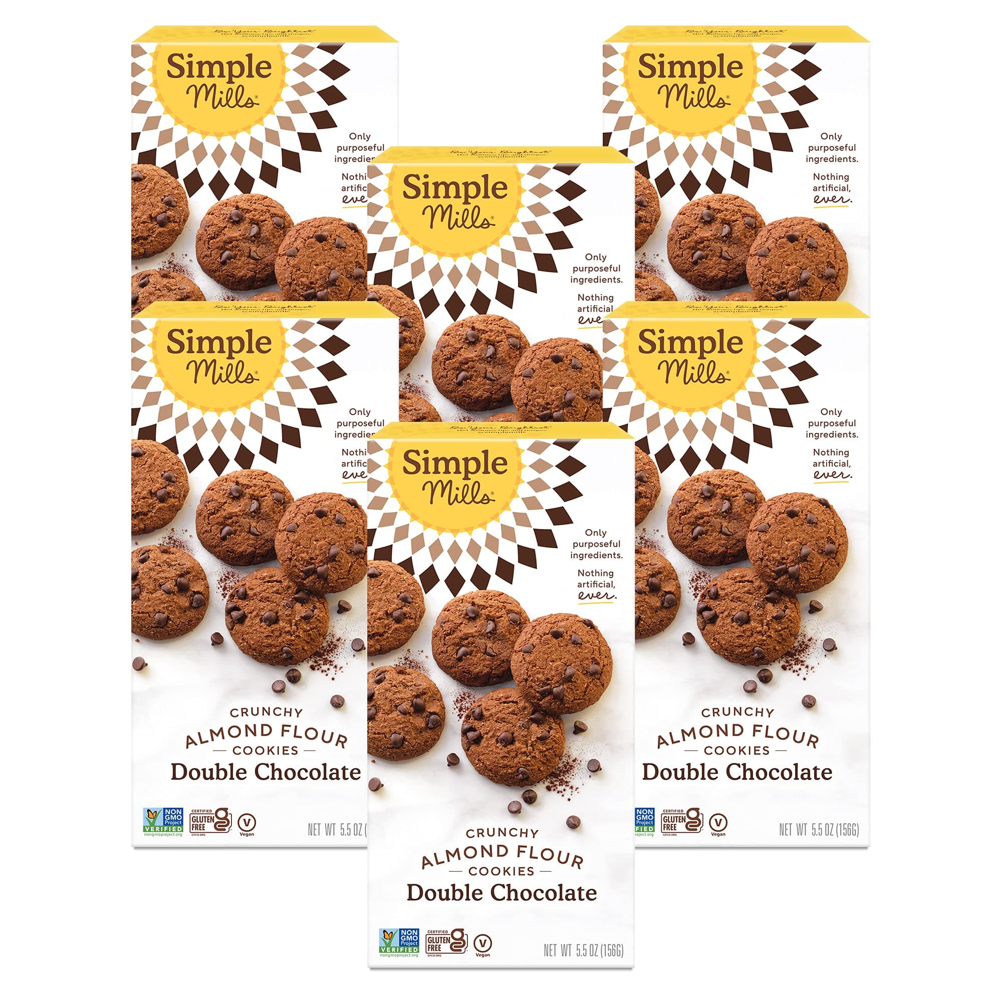 Simple Mills Almond Flour Double Chocolate Chip Cookies, Gluten Free and Delicious Crunchy Cookies, Organic Coconut Oil,Made with whole foods, 5.5 Ounce (Pack of 6)(Packaging May Vary)