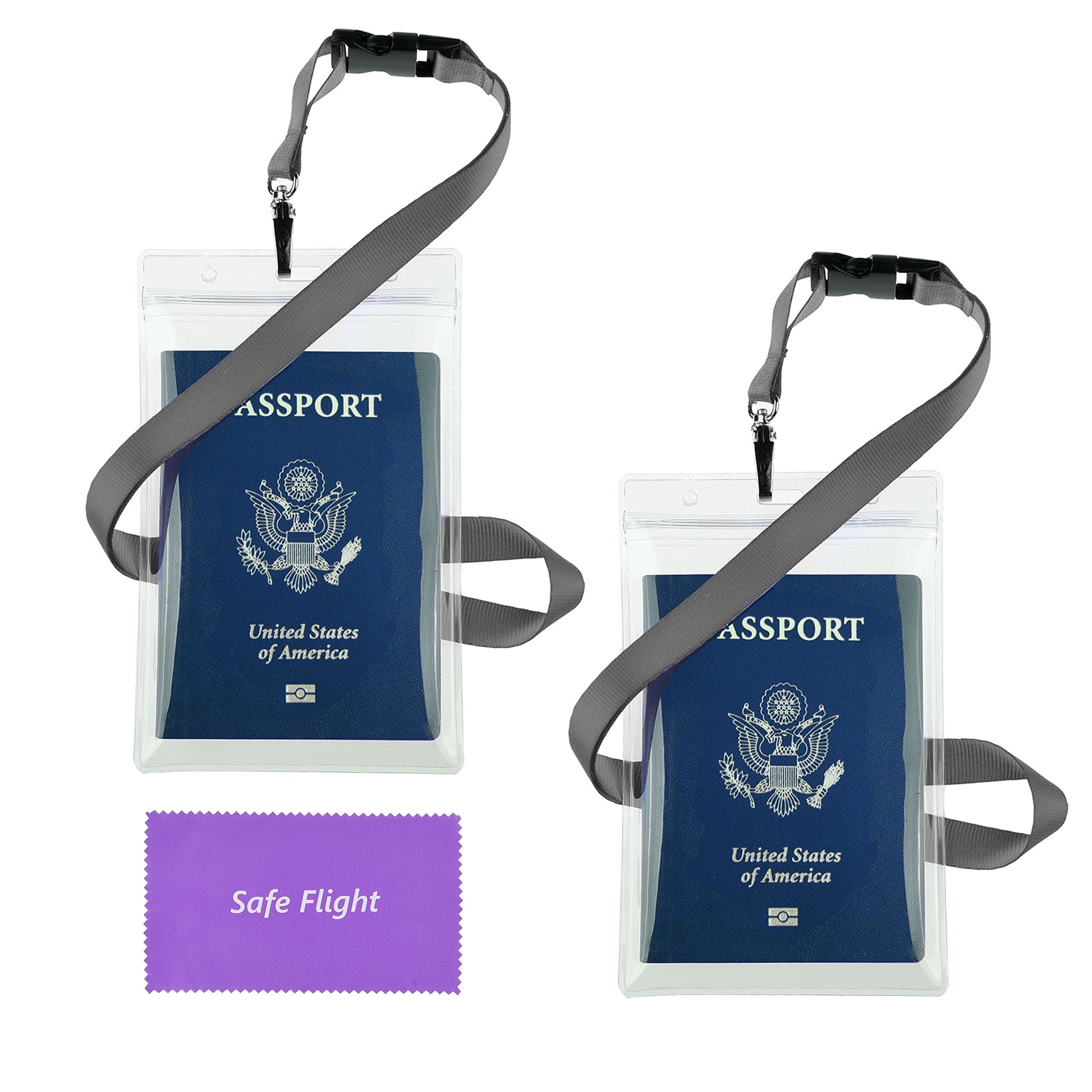 Safe Flight Transparent Passport ID Badge Holder Extra Large 6x4 with 17 Neck Lanyard - 2 Pack Bundle-with Retail Packaging and Cleaning Cloth