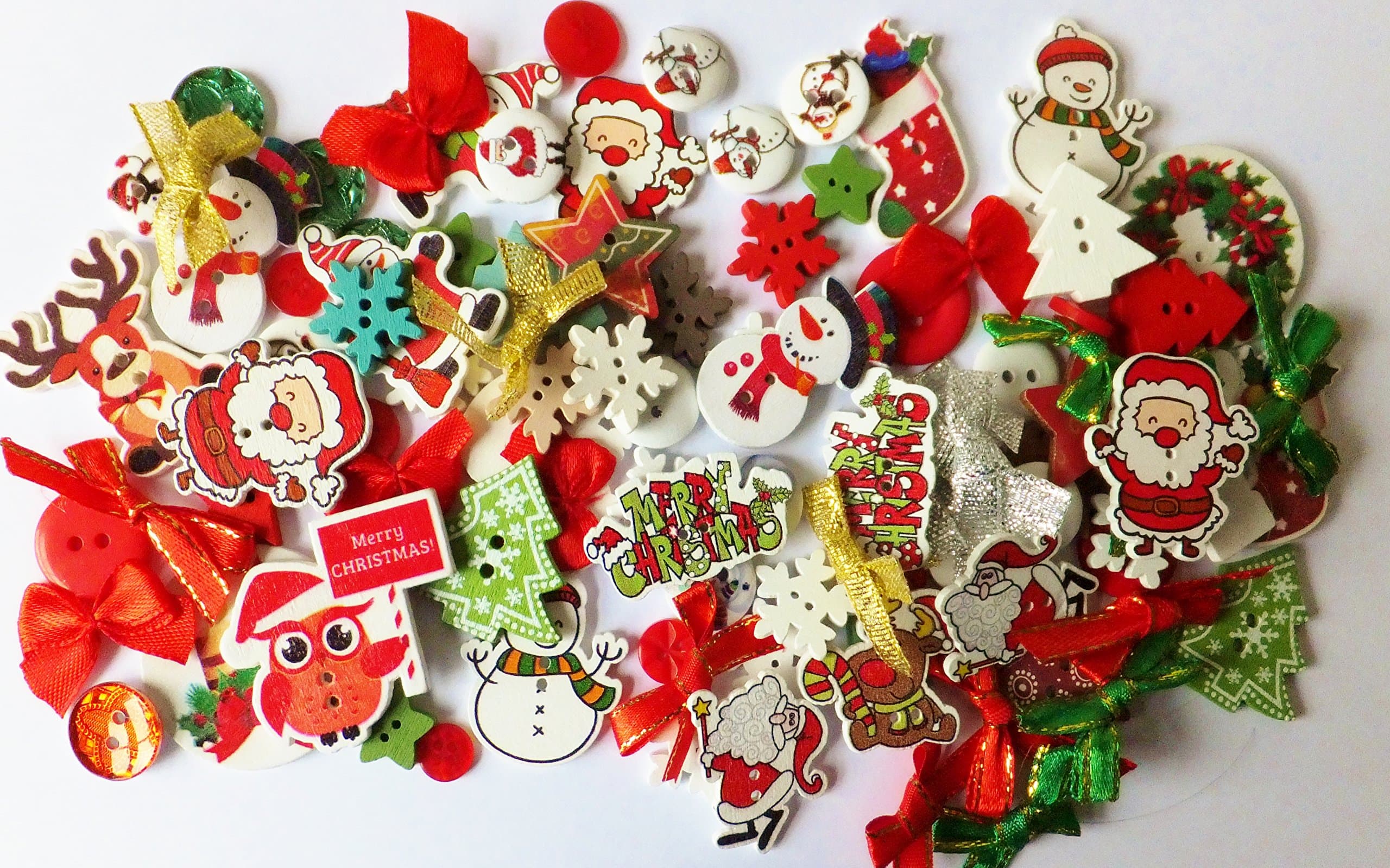 100 Pack Luxury Christmas Mix of Buttons, Embellishments, Bows, Santas, Snowmen, Trees, Stars, Also Jingle Bell