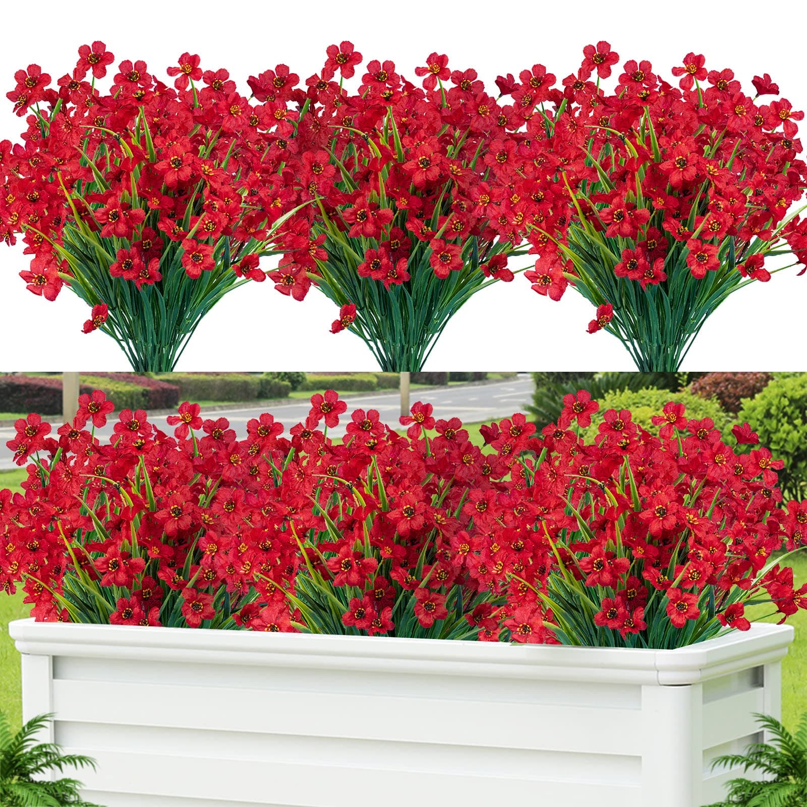 Lnoicy 12 Pcs Artificial Flowers for Outdoor,Plastic Flowers Decoration, UV Resistant Faux Flowers Shrubs, Artificial Plants for Indoor Outside Garden Home Wedding Farmhouse(Red)