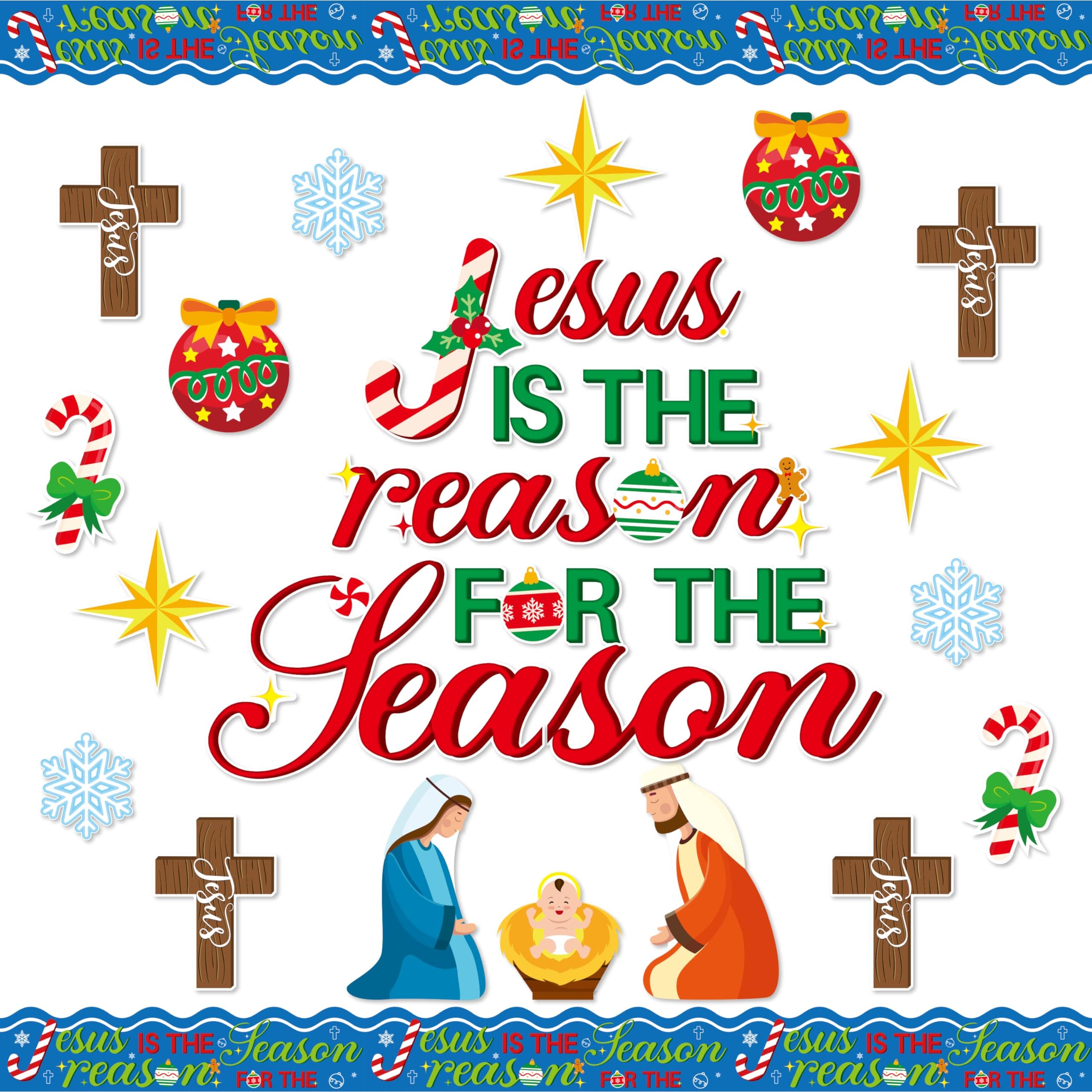 BeYumi 96Pcs Jesus is The Reason for The Season Cutouts Bulletin Board Decoration Set Christmas Nativity Christian Faith Religious Sunday School Classroom Chalkboard Wall Borders Church Winter Decor