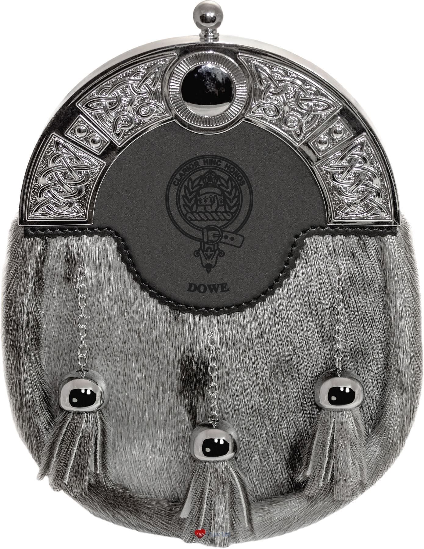 I LUV LTD Dowe Dress Sporran 3 Tassels Studded Targe Celtic Arch Scottish Clan Name Crest