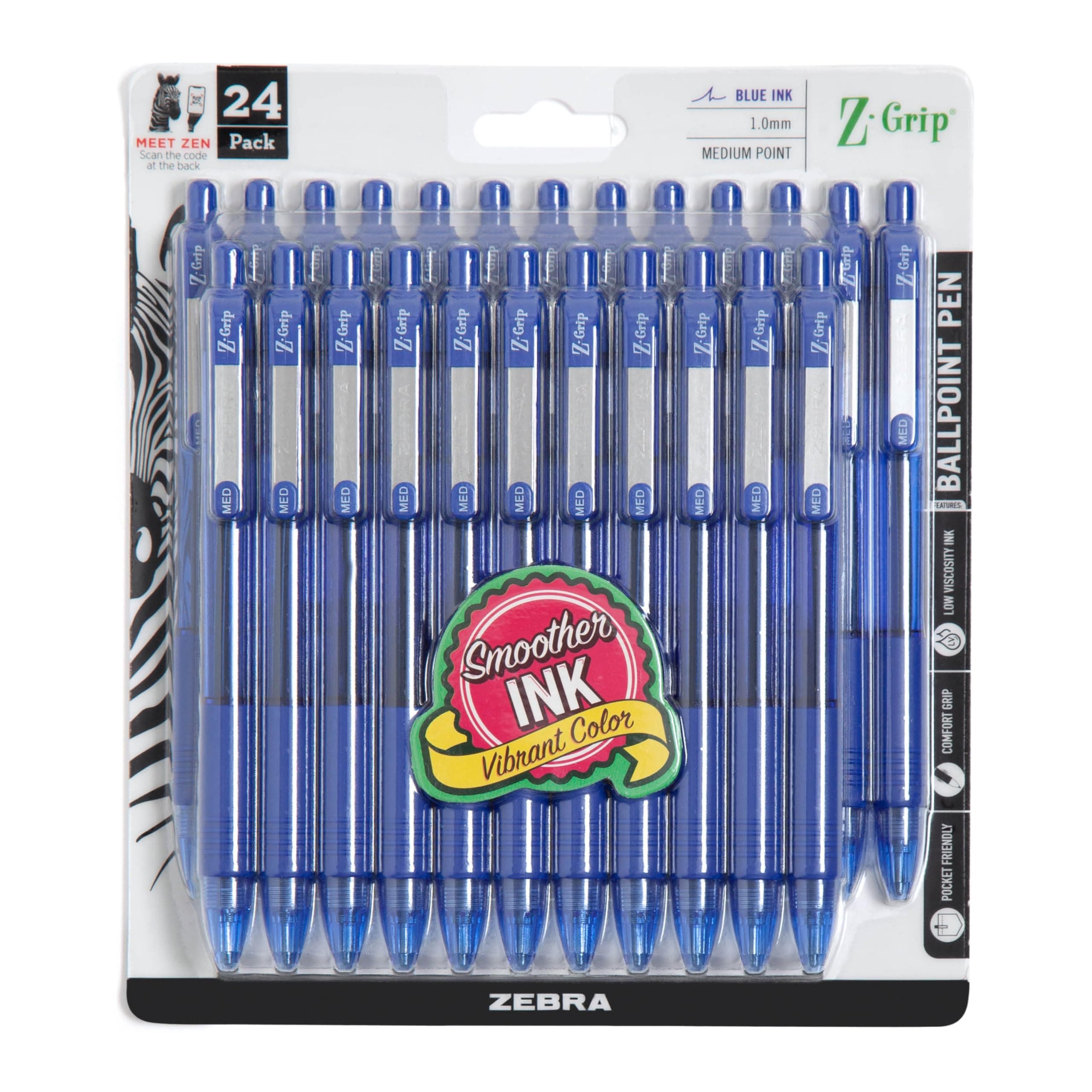 Zebra Pen Z-Grip Retractable Ballpoint Pen, Medium Point, 1.0mm, Blue Ink, 24 Pack (Packaging may vary)