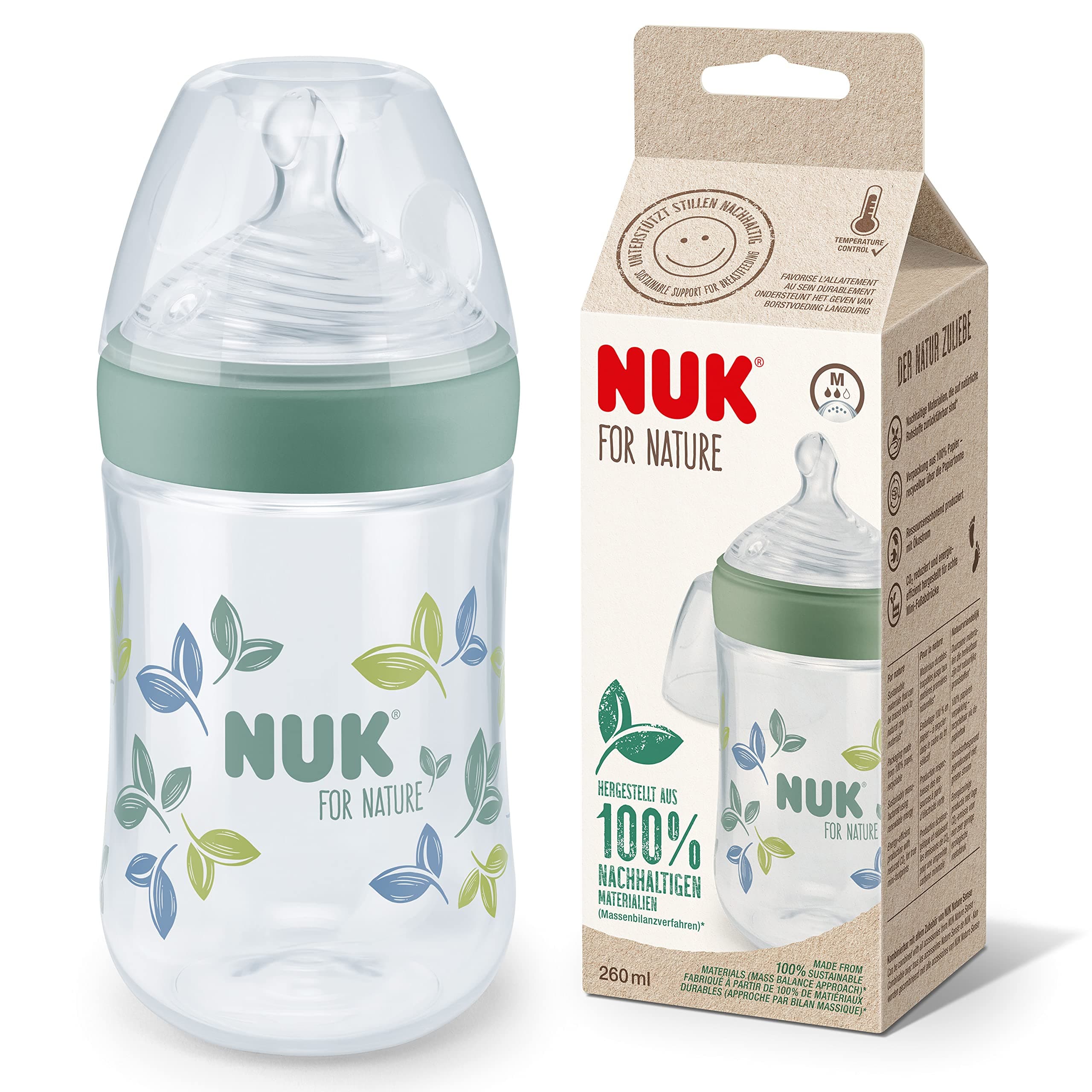 NUK for Nature Baby Bottle | Medium Teat | 260 ml | Breast-Like Ant-Colic Silicone Teat | Temperature Control | Sustainable, BPA-Free Materials | Green