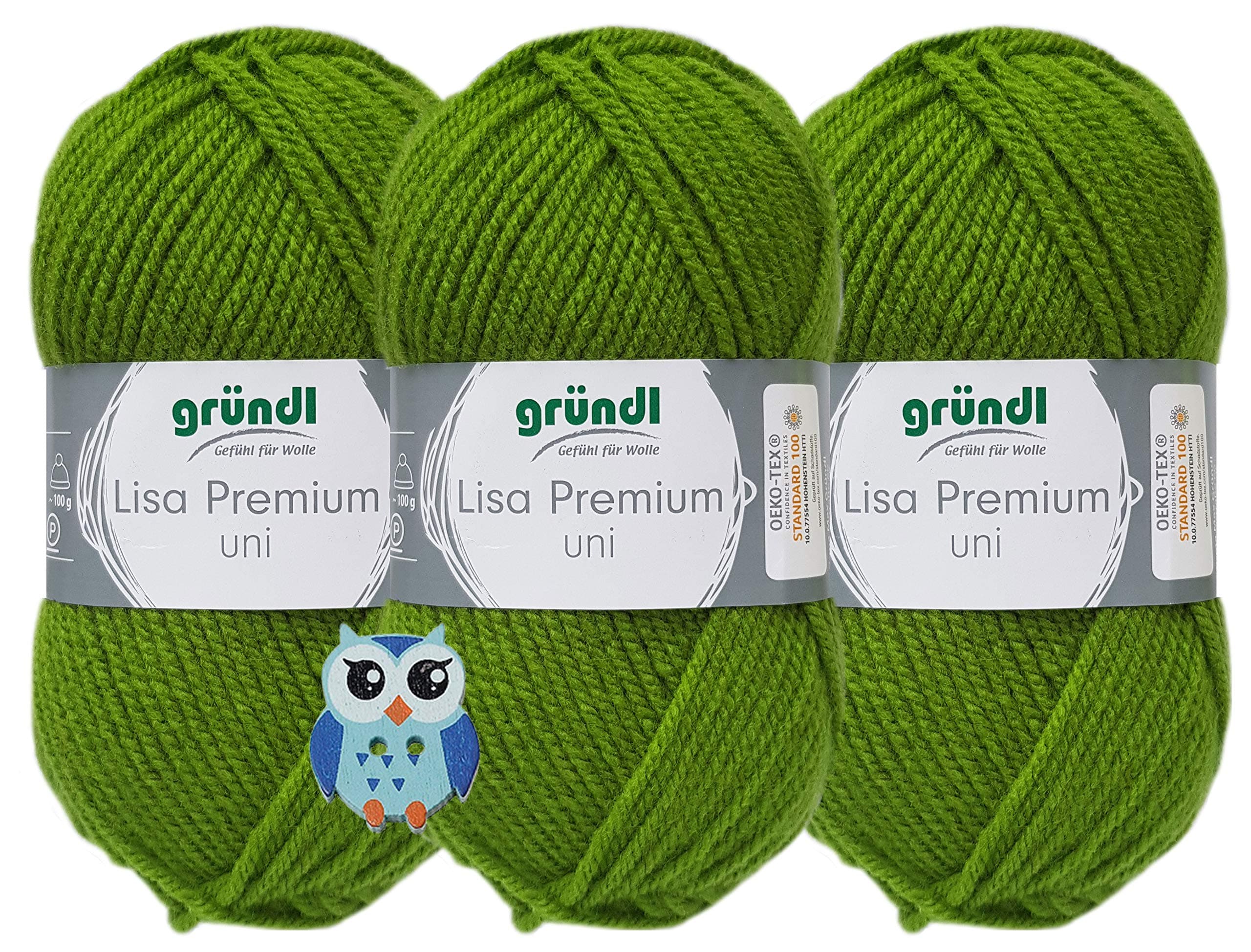 Gründl Lisa Premium Plain 100% Polyacrylic Crochet Yarn School Yarn 3 x 50 g + 1 Owl Button (33 Green)