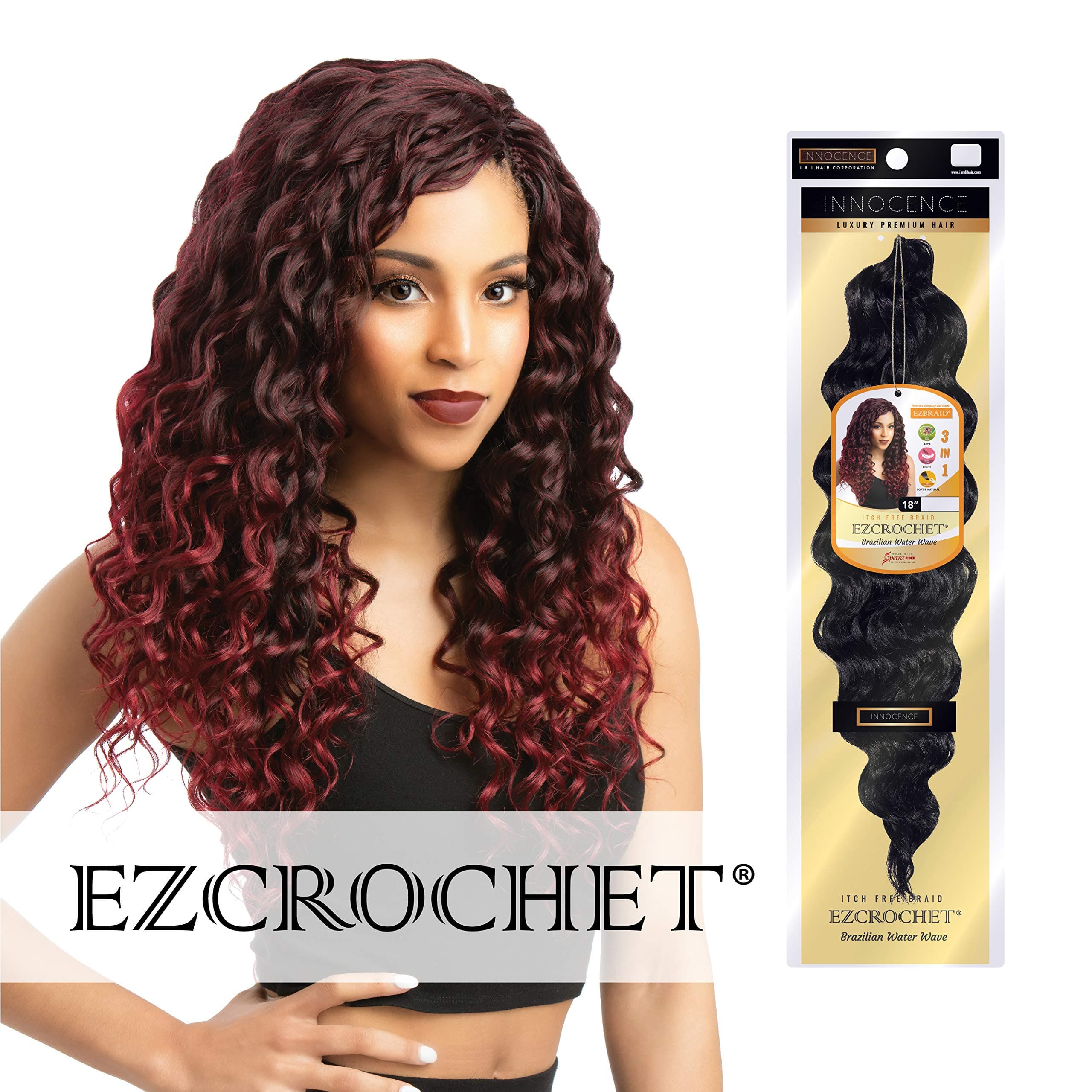 Innocence EZCROCHET (World's First Itch-Free Crochet Hair) Pre-Stretched & Pre-separated | Natural Texture Ombre Color Crochet Hair (18" Brazilian Water Wave, T1B/27)