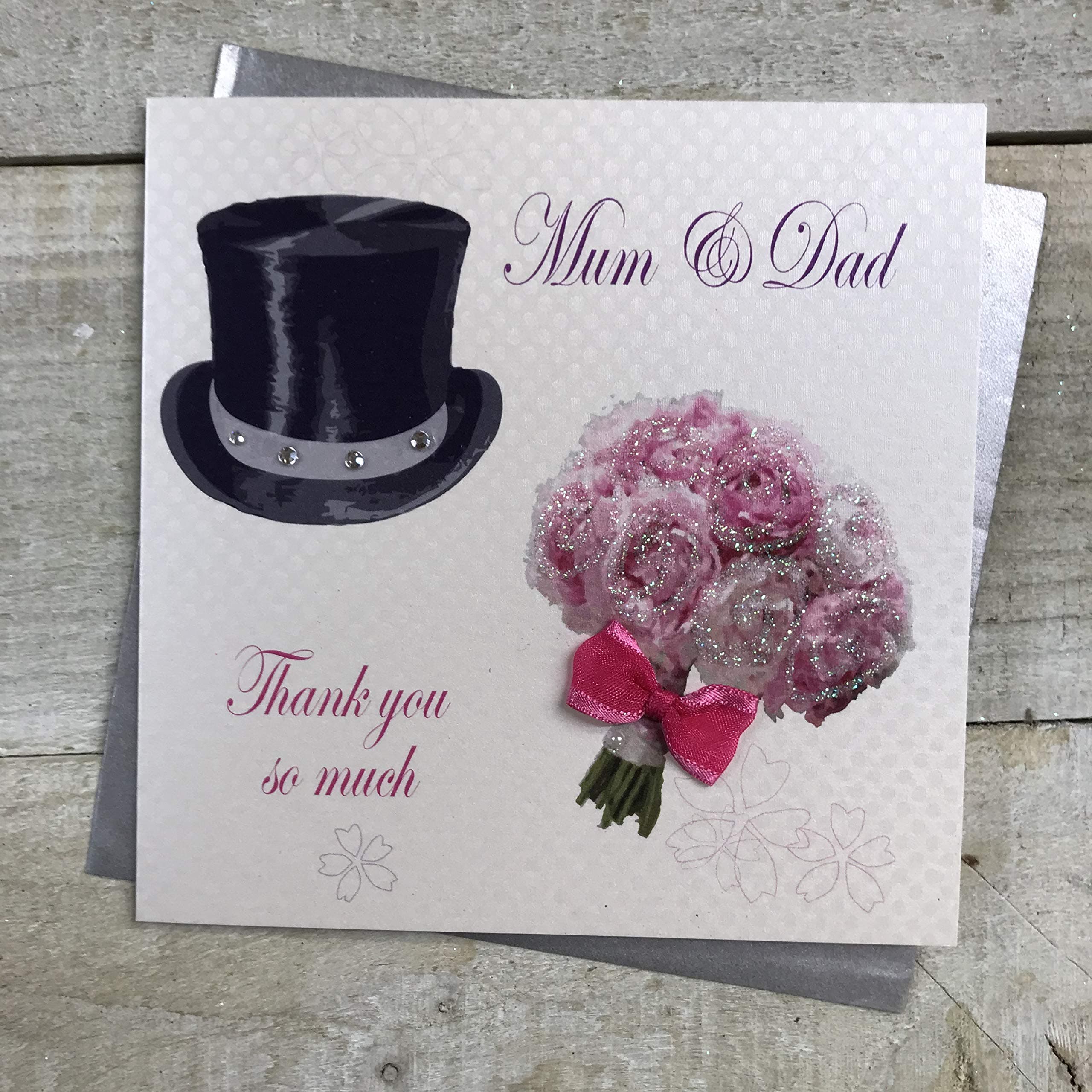 WHITE COTTON CARDS Thank You So Much Mum and Dad Wedding Handmade Card with Top Hat and Bouquet, White, PD18