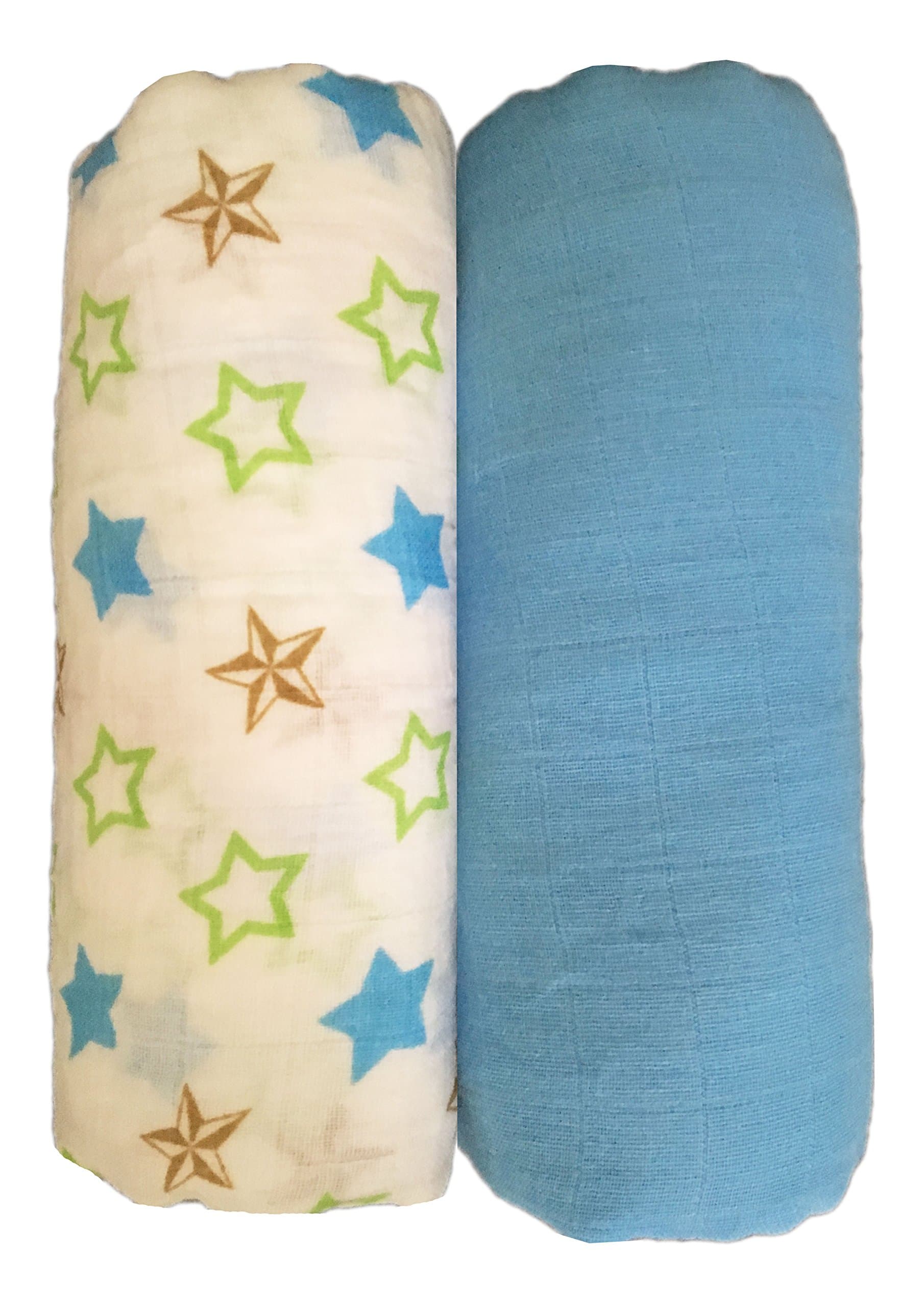 Muslin Swaddle Blankets 2 Pack - 100% Cotton - 47" x 47" - Stars and Solid Blue - Lifetime Guarantee - Unisex for Boys or Girls