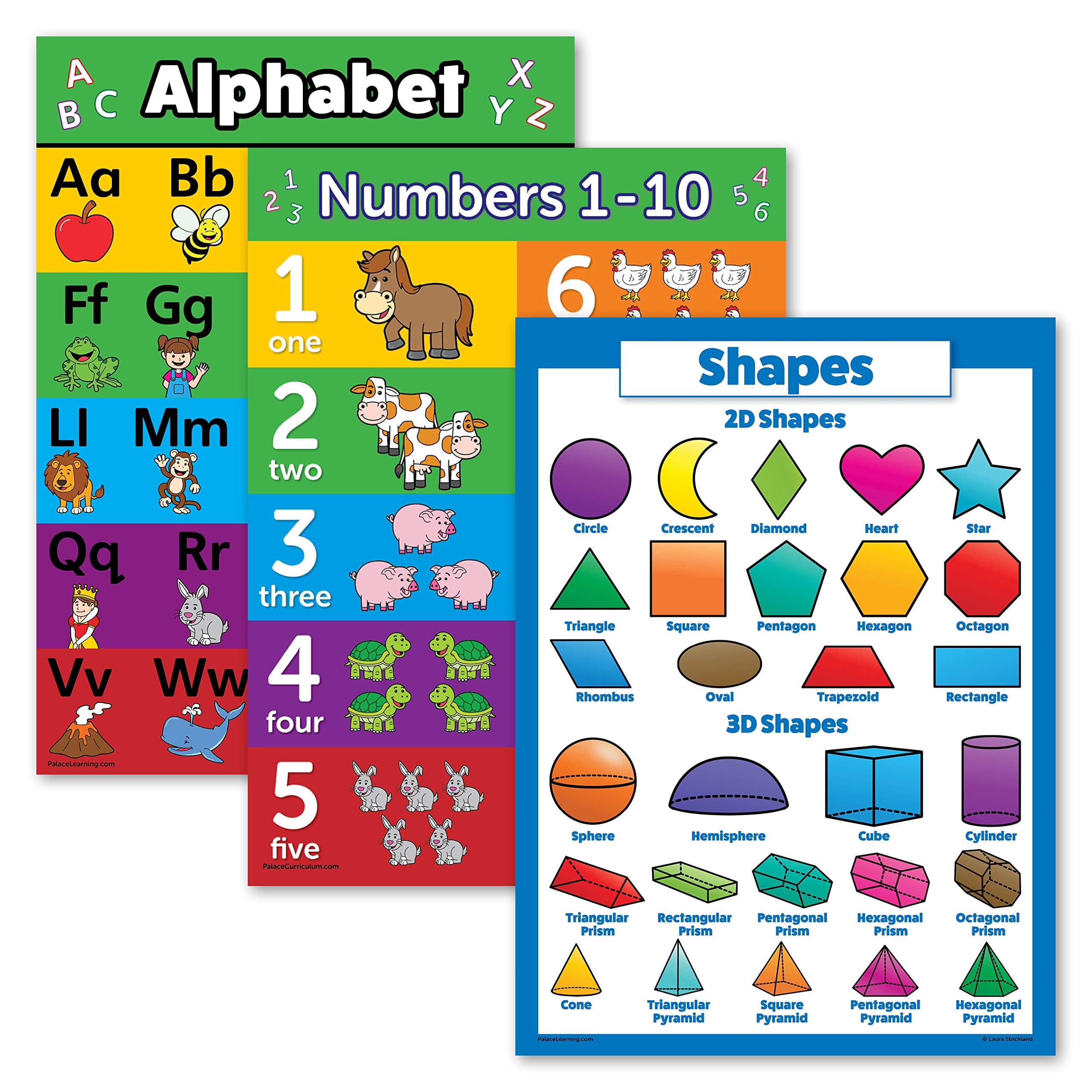3 Pack - ABC Alphabet + Numbers 1-10 + 3D Shapes Poster Set - Toddler Educational Charts (LAMINATED, 18" x 24")