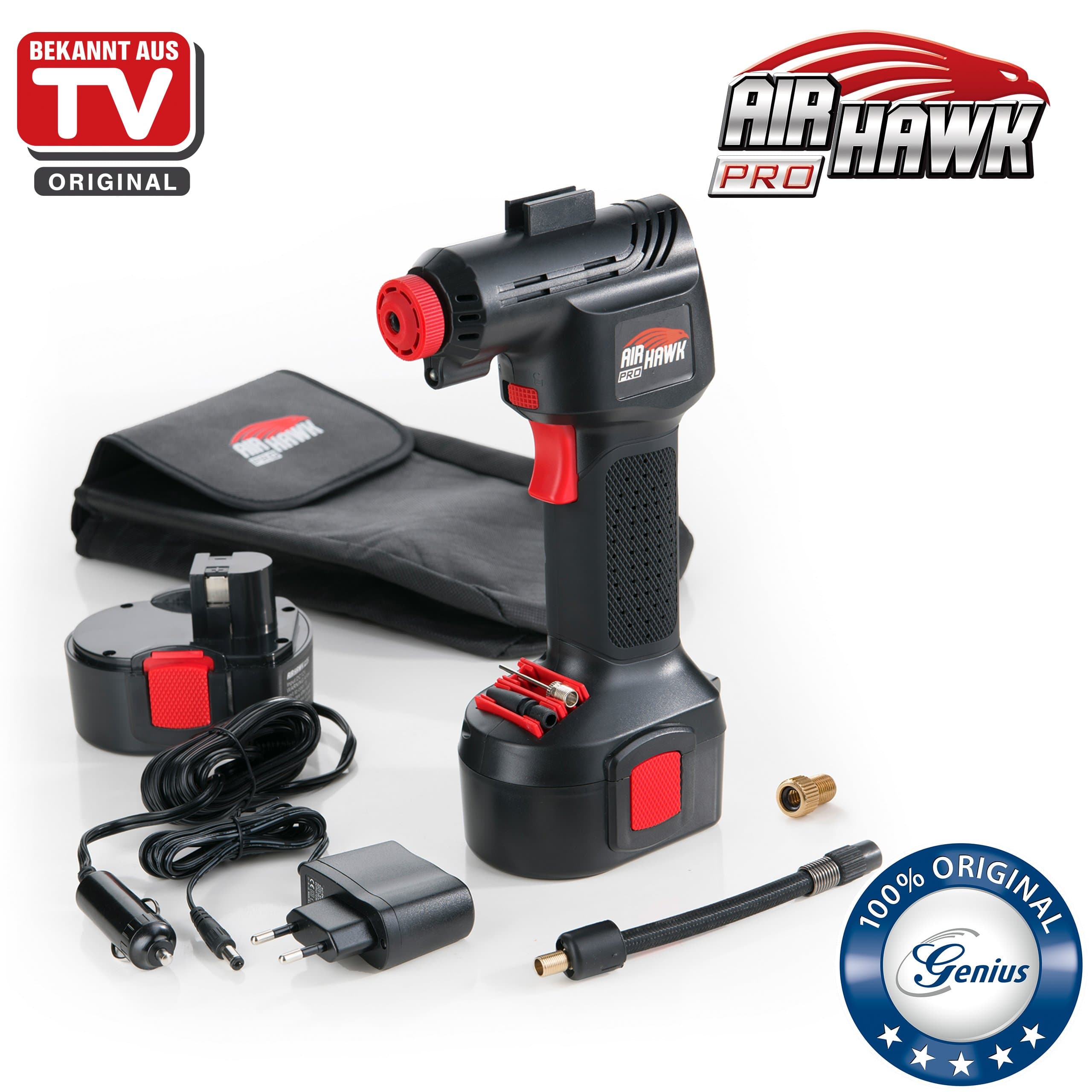 Genius A20001 Air Hawk Pro | 8 Parts Air Compressor Electric Air Pump | incl. battery and Car Adapter | inches