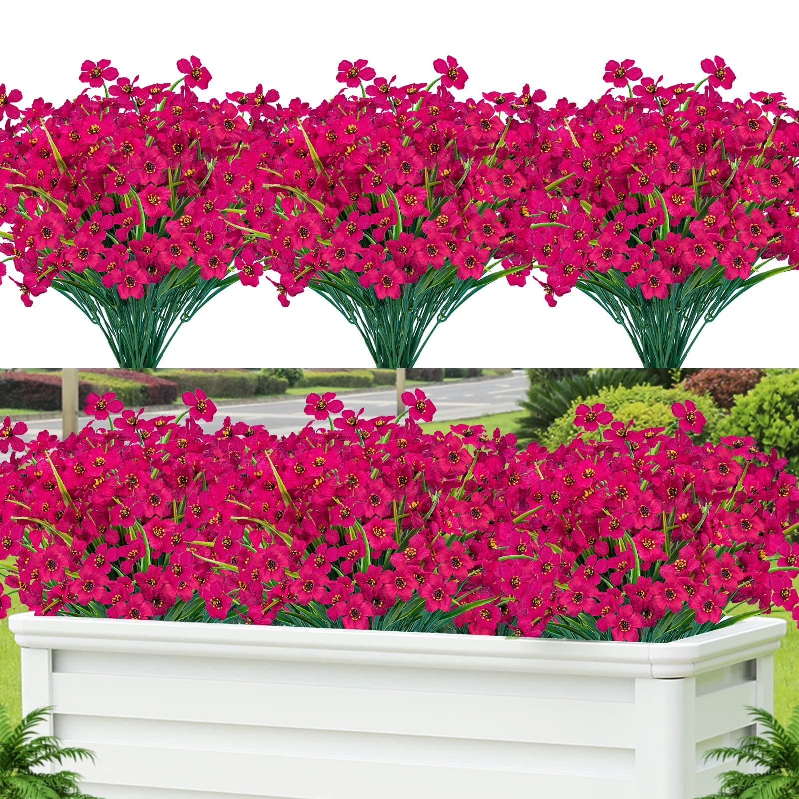 Lnoicy 12 Pcs Artificial Flowers for Outdoor,Plastic Flowers Decoration, UV Resistant Faux Flowers Shrubs, Artificial Plants for Indoor Outside Garden Home Wedding Farmhouse（Rose Red）