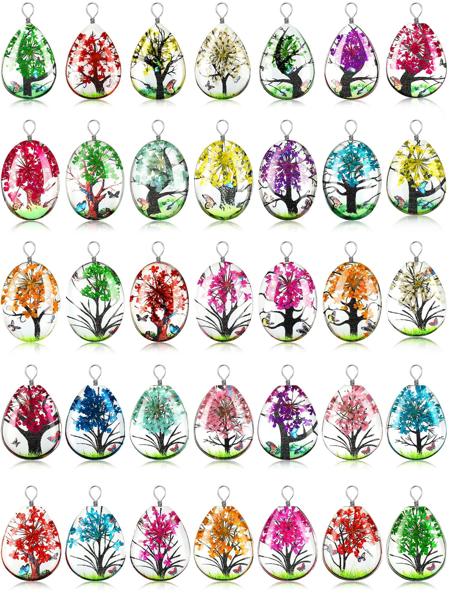 36 Pcs Dried Flower Tree Pendant Plant Pressed Flower Charms Spring Dried Floral Pendants Water Drop Transparent Lacework Resin Beads Mixed Color for DIY Necklace Bracelet Jewelry Making