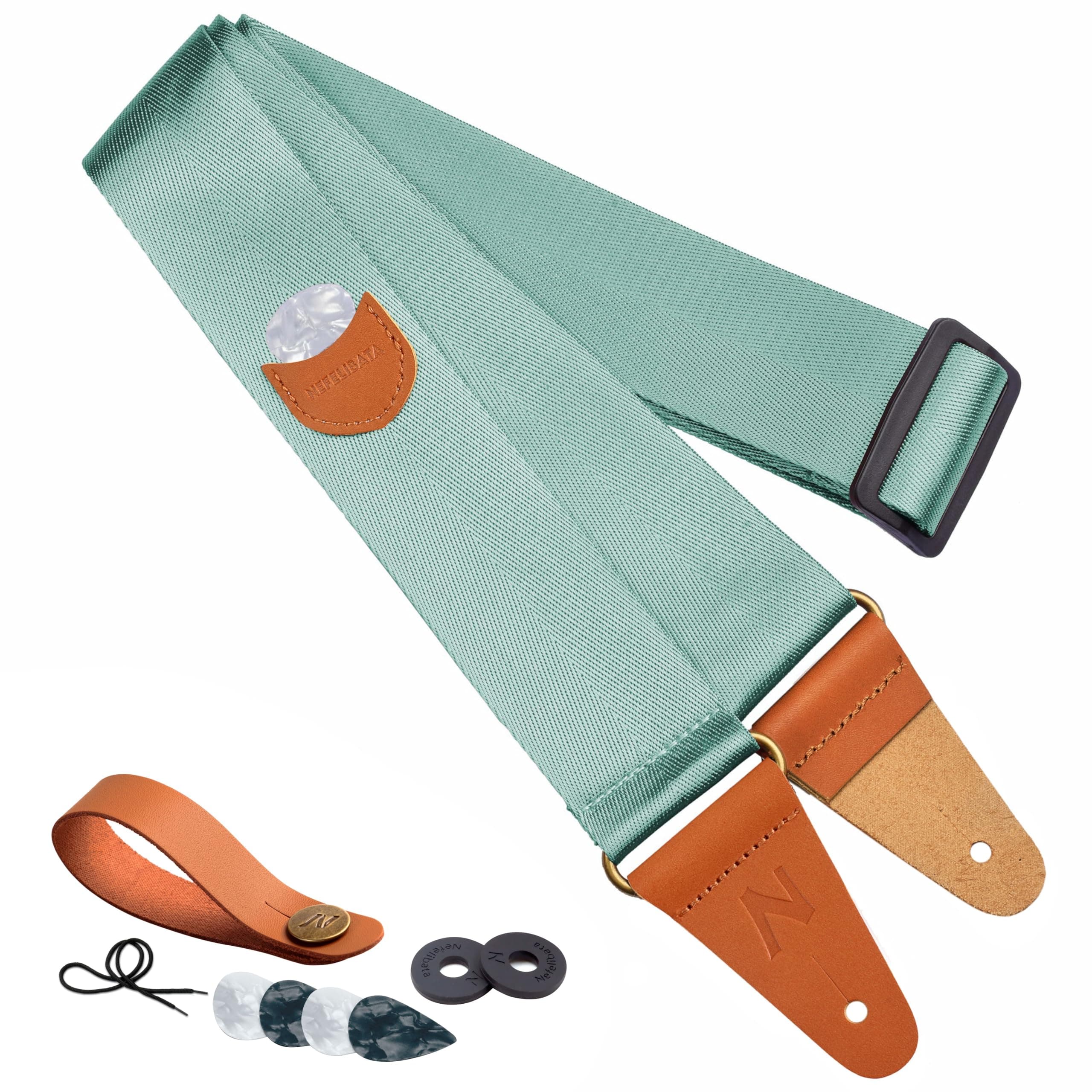 Guitar Strap with Pick Pocket, Vintage Nylon Full Grain Leather Ends Guitar Straps for Bass, Electric & Acoustic Guitar, Come with Free Strap Button, 1 Pair Strap Locks and 4 Guitar Picks