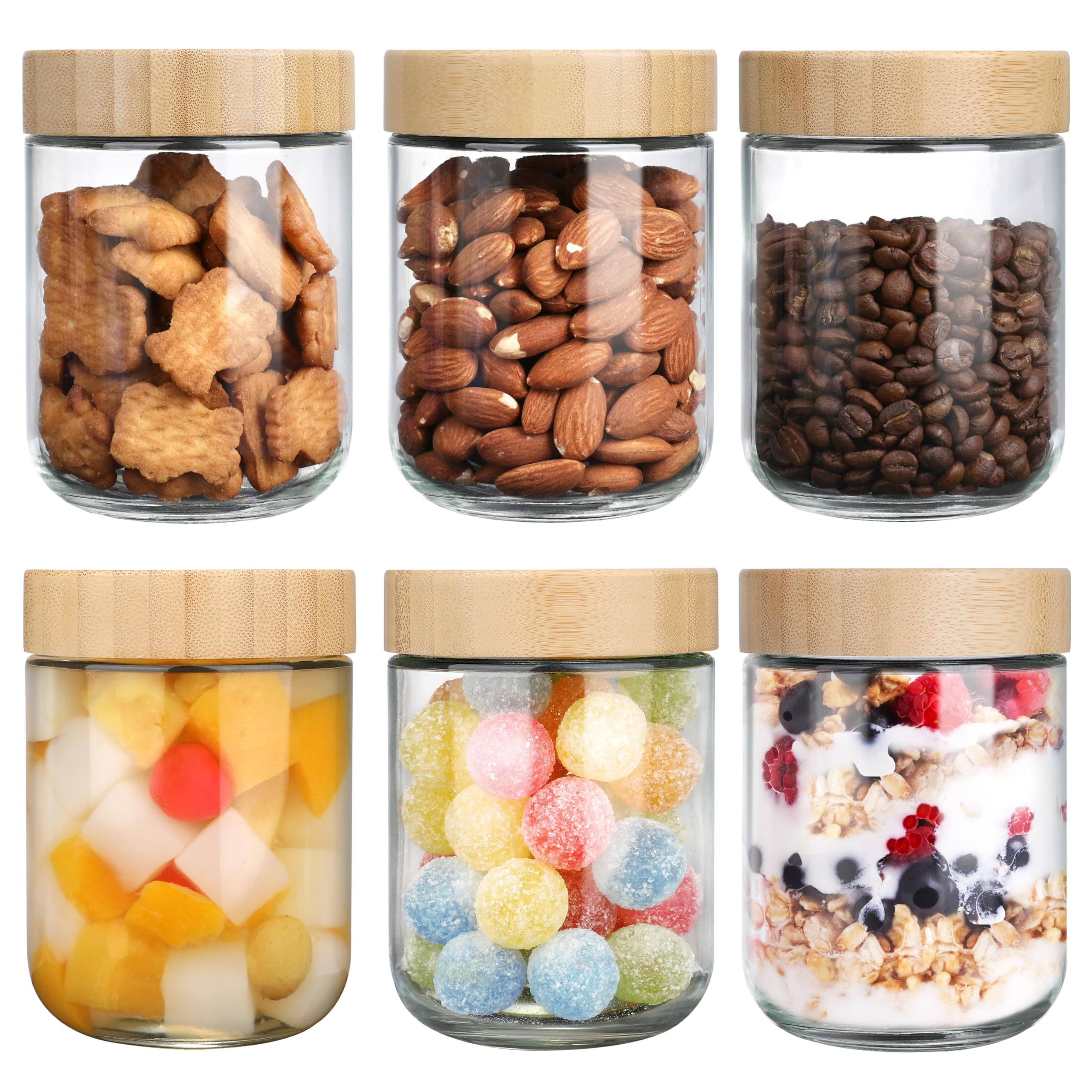OcePor 6 Pack 16oz Glass Jars with Bamboo Lids, Over Night Oats Container with Airtight Lid, Glass Snack Storage Salad Jars For Food, Yogurt, Sugar and Flour,Coffee Bean, Cookie, Cereal