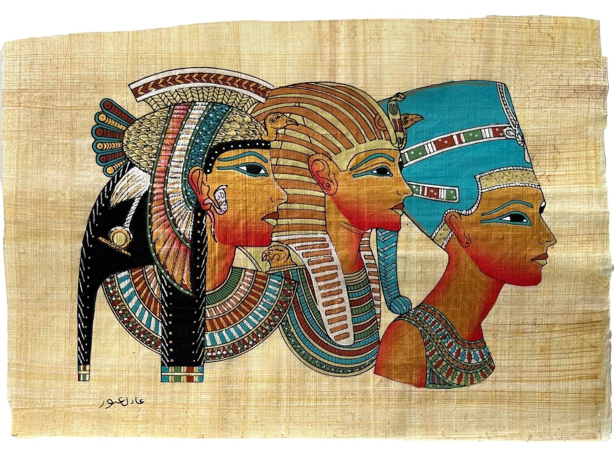 Cleopatra in Royal Vulture Crown, Tutankhamen in Nemes, Nefertiti in Modius Papyrus Egyptian Hand-Made Papyrus Painting - Unframed-Frameable - 13x9 Inches