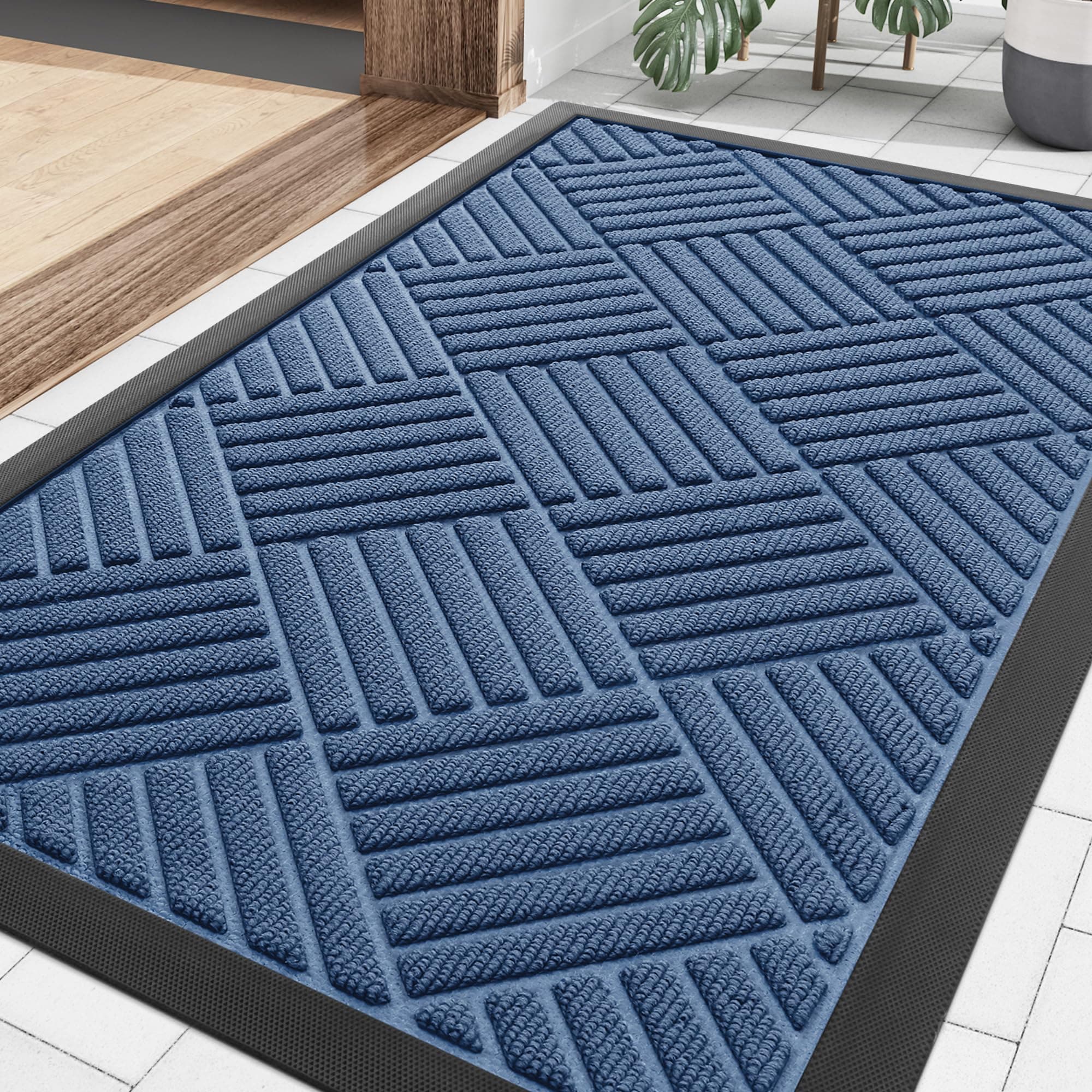 Smiry Front Door Mat Outside Entrance, Heavy Duty Outdoor Indoor Natural Rubber Doormat, Non Slip, Trap Dirt and Moisture, Easy Clean, Low Profile Patio Porch Entryway Mat, 29.5x17, Blue