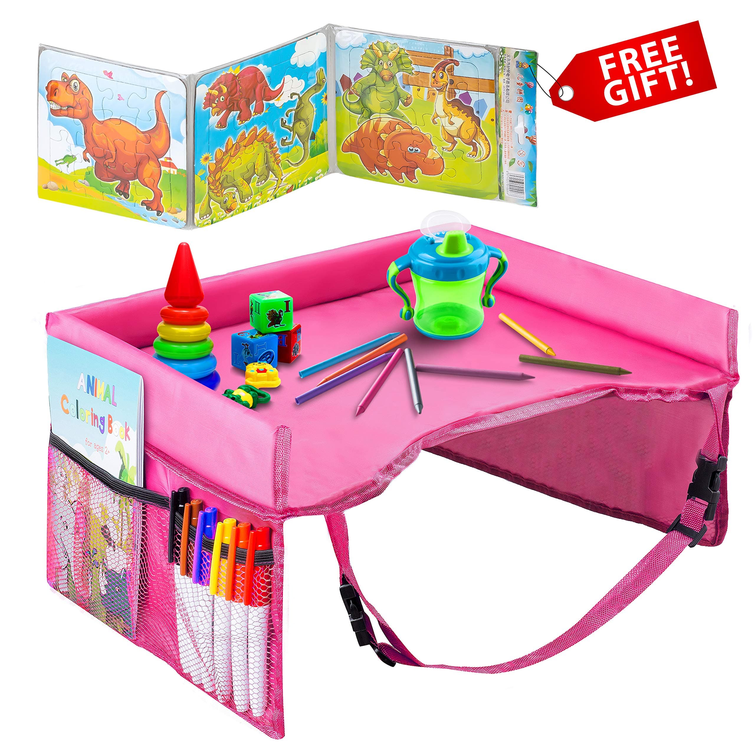 Kids Travel Tray – Waterproof, Portable Toddler Snack and Play Station with Mesh Storage Pockets – Activity Lap Desk for Car Seat, Stroller, Plane by EverythingINplace - Pink