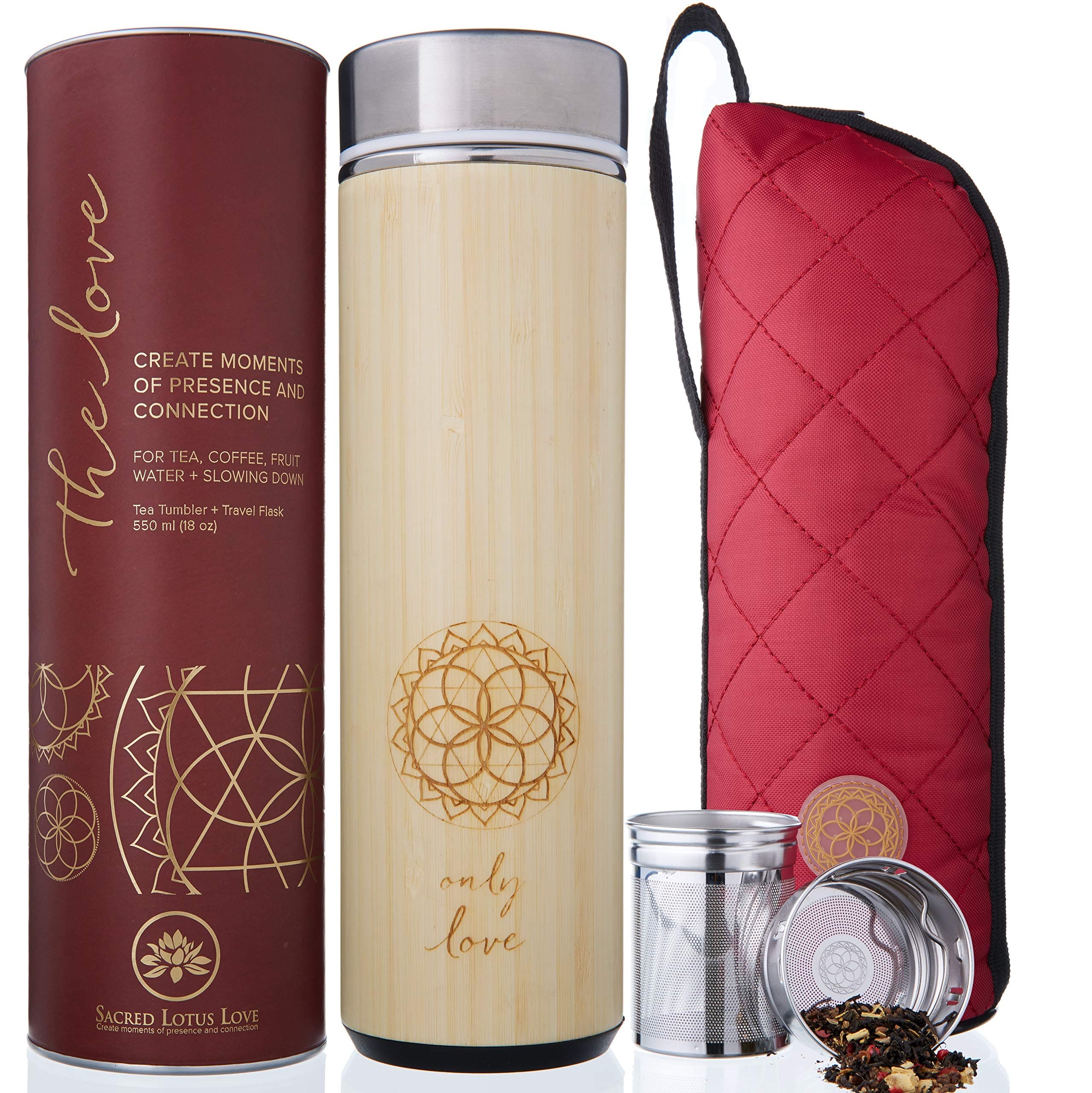Insulated Bamboo Tea Travel Tumbler with Infuser, Strainer & Sleeve - For Hot Coffee or Cold Tea, Stainless Steel Coffee Mug, Ideal Tea Gift Set for Tea Lovers, Keeps Beverages Hotter for Longer